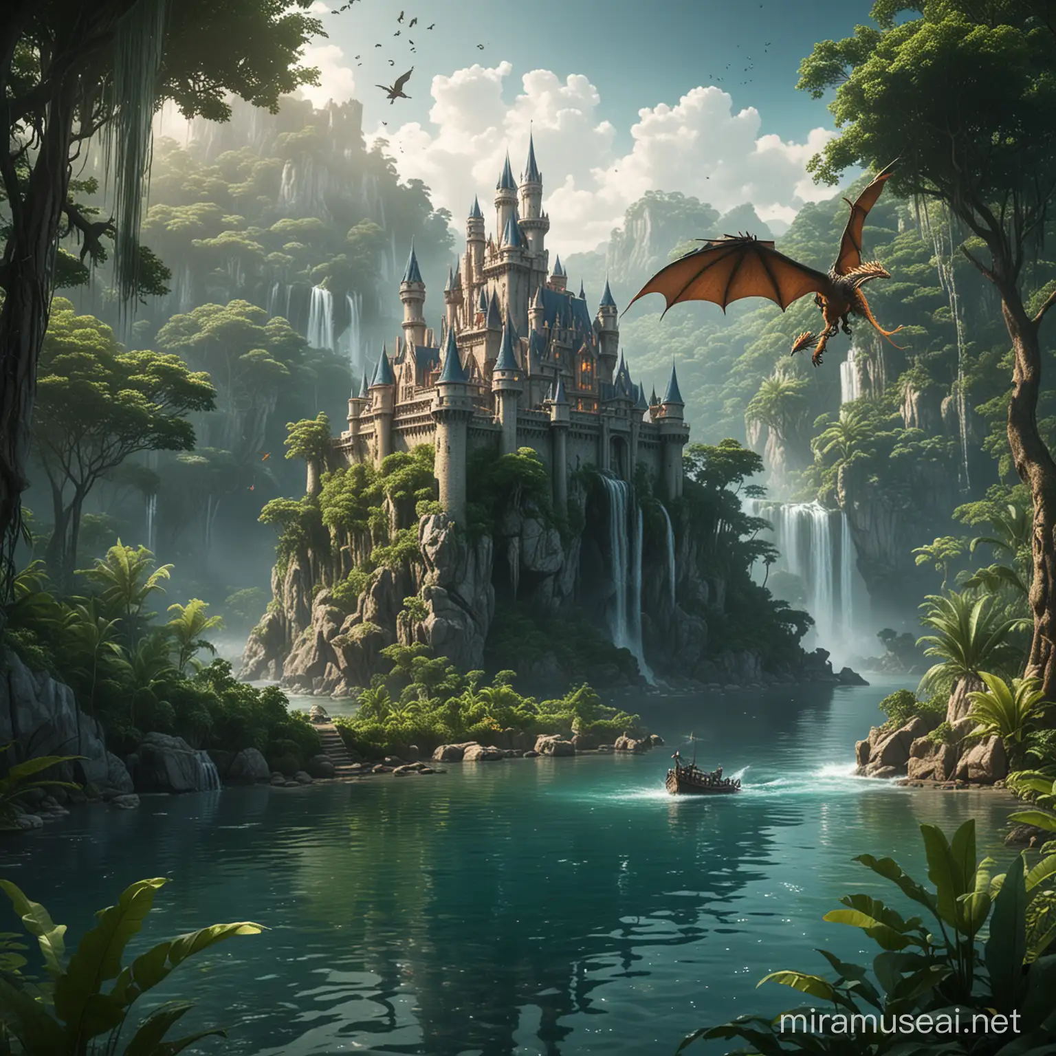 Magical castle in the middle of the jungle surrounded by water and a dragon flying above 