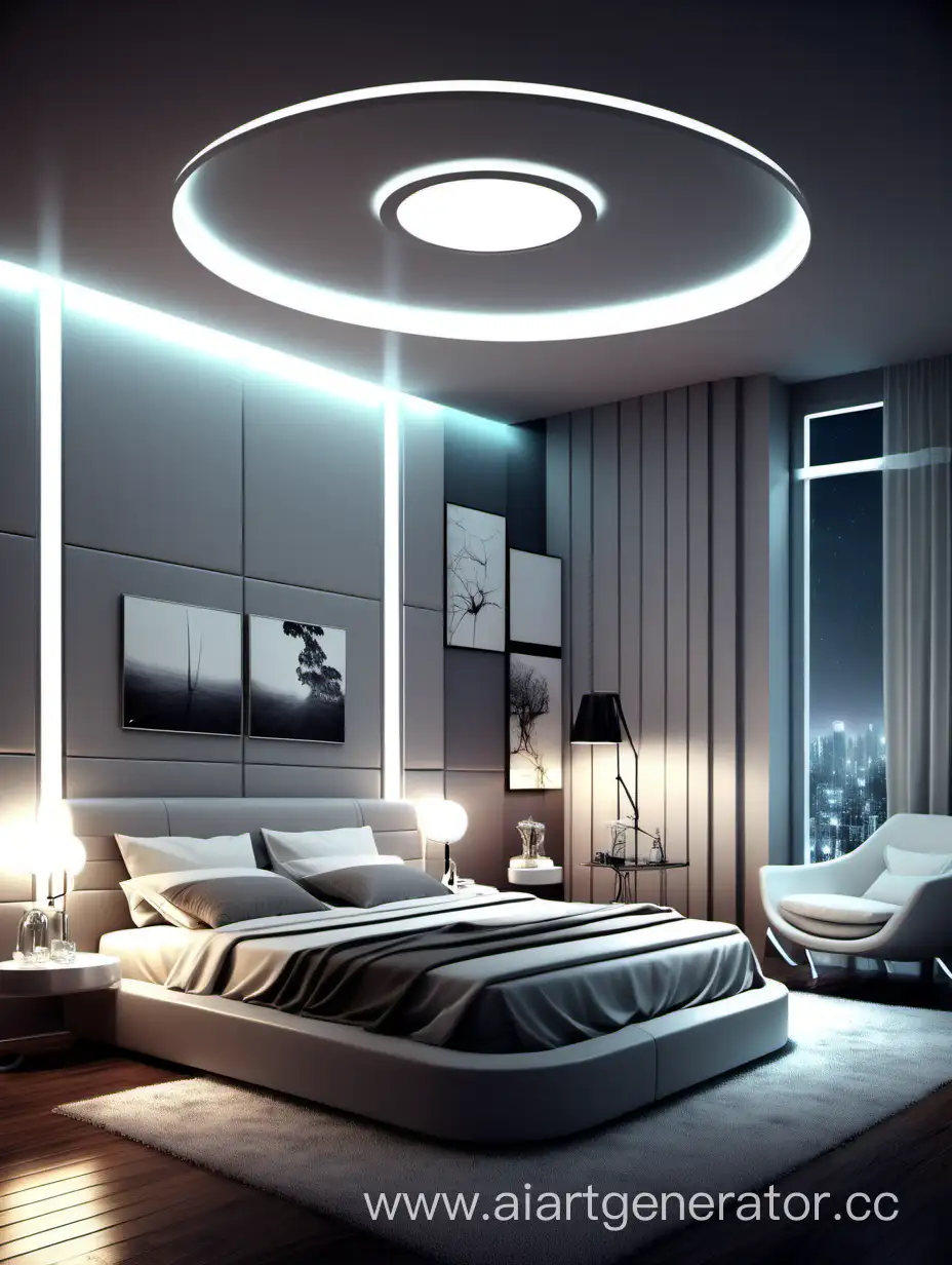 Футуристичная спальная комната с приглушённым приятным освещением
