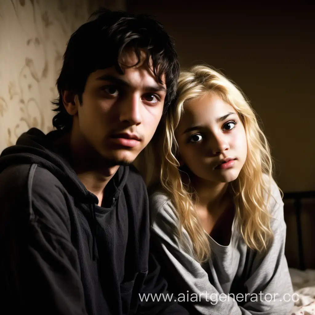 Create an image of this story with these 2 characters: 
Landon sits against the headboard Sofia sits next to him. Everything in the room is dark.

Sofia - a 14-year-old girl with an innocent face, dressed in ragged clothes. With long, yellowy blonde hair

Landon - a 19-year-old man, with a distinguished feel, despite being in ragged clothes. hispanic man with short  dark hair and piercing eyes
