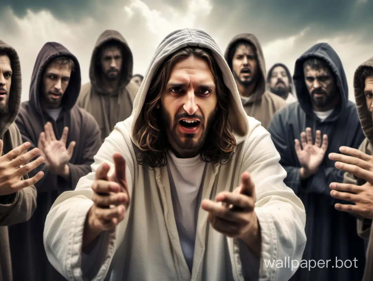 Jesus Christ throws a handful of ears to hooded, dirty, and frenzied individuals, panoramic view, detailed photography, friendly atmosphere