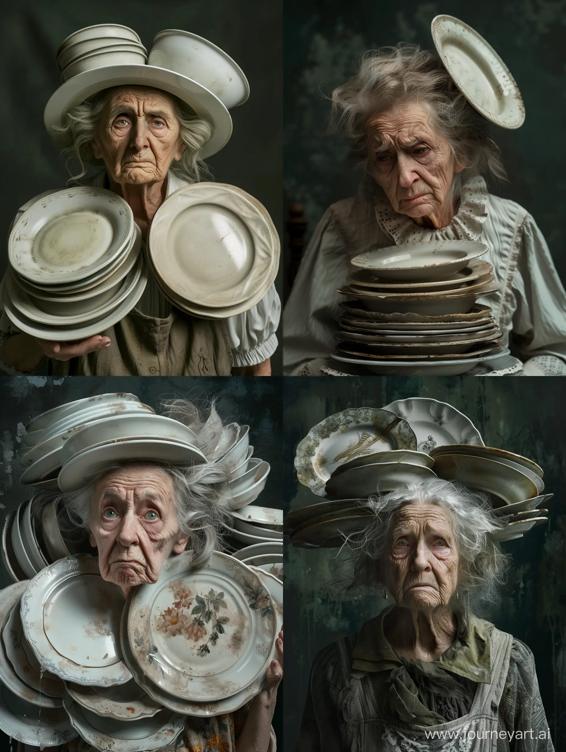 Ультра реалистичный 4к . детализированный объект . в полный рост . неопрятная пожилая женщина от которой сбежала посуда. Федорино горе