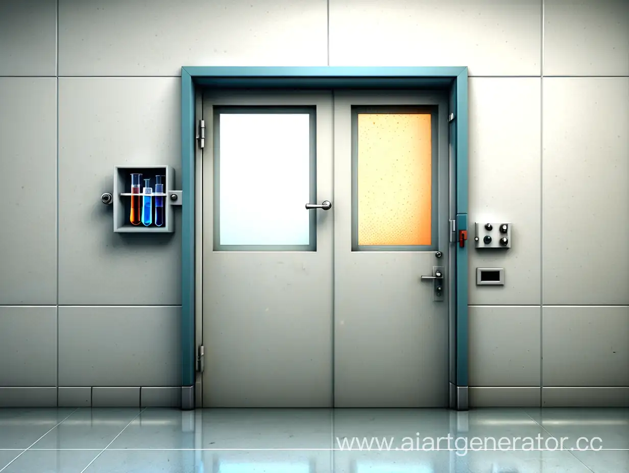 Prompt: The laboratory door with a window.