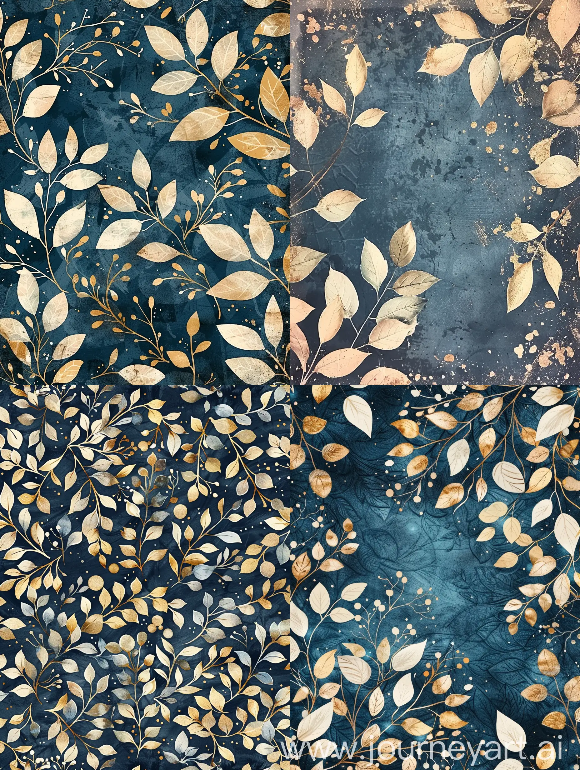 Vintage-Floral-Fantasy-Digital-Paper-with-Dark-Blue-and-Golden-Leaves