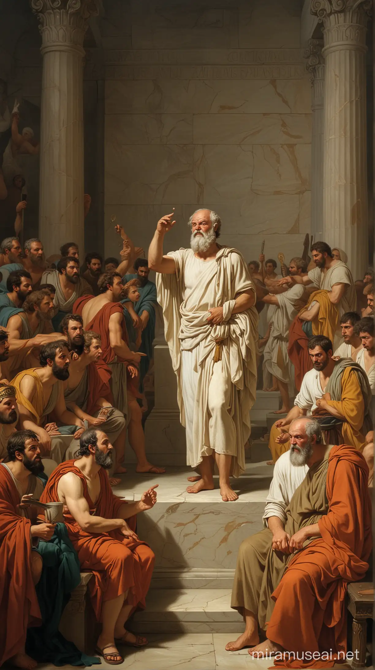  In the imposing chamber of an Athenian court, Socrates is depicted passionately defending himself. The diverse expressions of the jury and spectators reflect the atmosphere of the trial. Socrates' determined gaze and gestures emphasize the bold and passionate nature of his defense.
