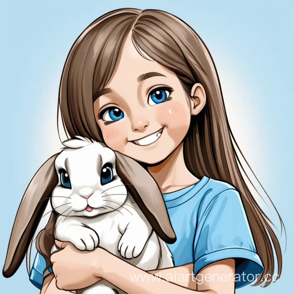 вислоухий кролик сиамского цвета с опущенными ушами на руках у милой улыбающейся девочки четырех лет. У девочки русые волосы по поясницу, голубые глаза. Стиль изображение - мультяшный.