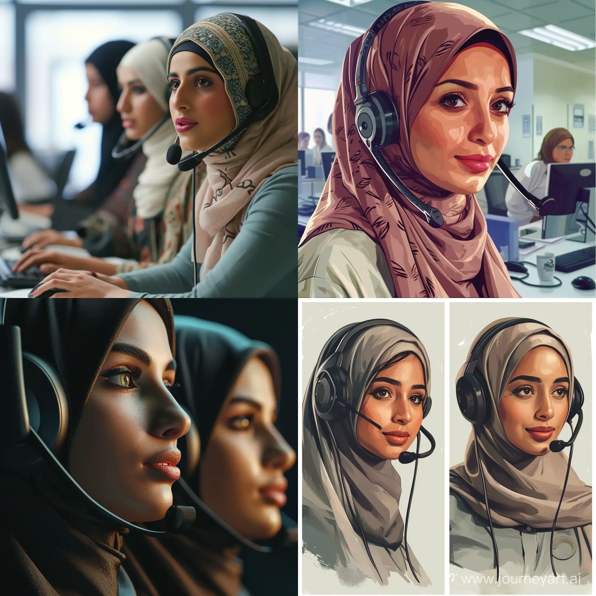 Generate image, very realistic image of algerian looking women in office that represent customers service. It must show that it is a customer service representative. The women must be very realistic looking. Algerian looking women. 