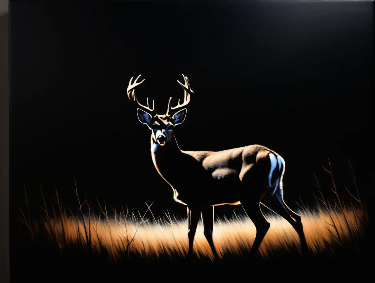 oil painting of  rim lit silhouette of  white tail deer buck solid with black background
