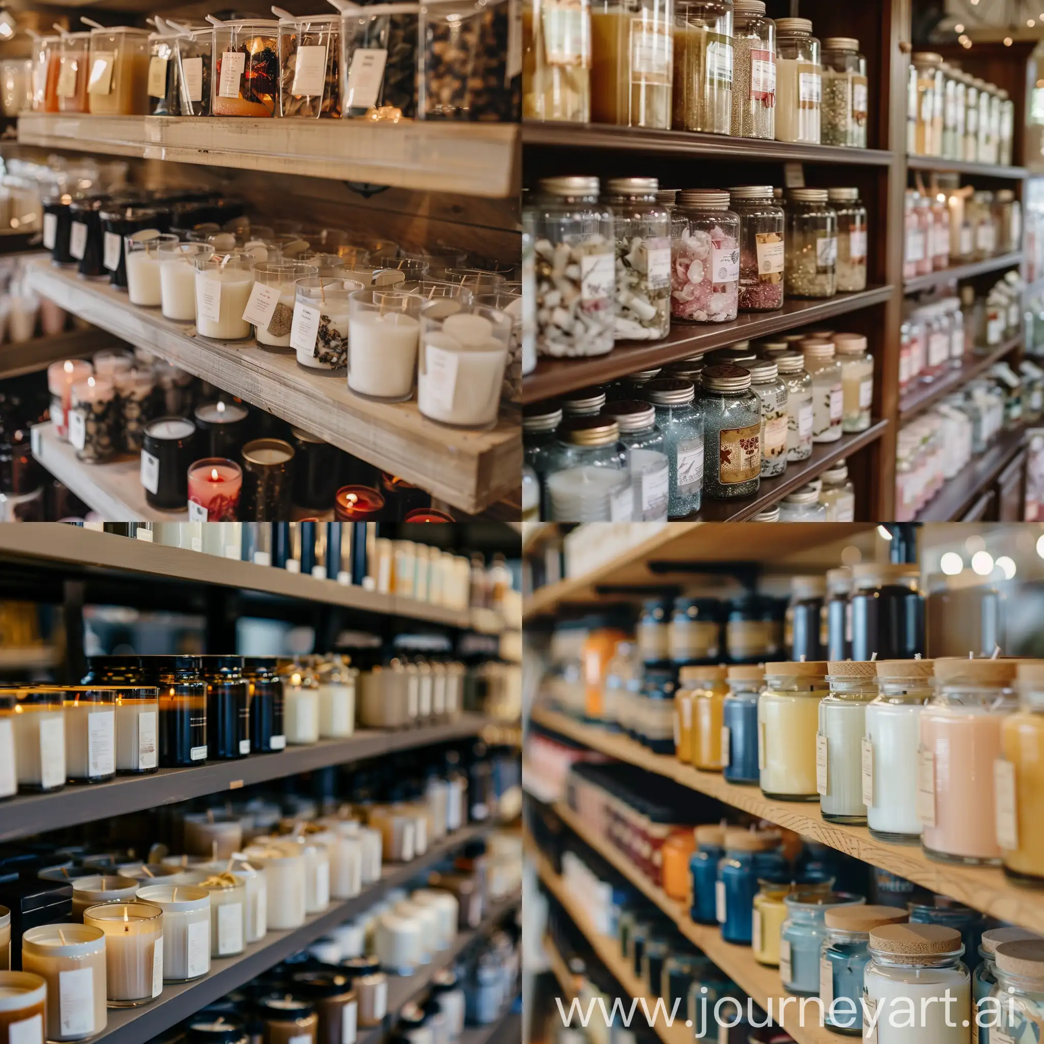 A shelf in a candle store, displaying an assortment of unlit candles for sale.