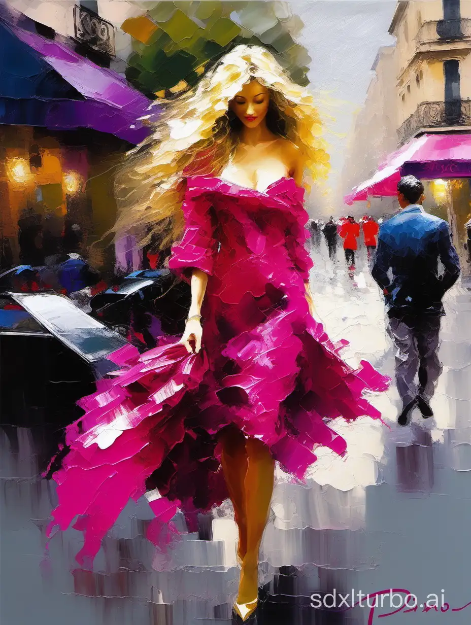 Stunning figurative painting, Loose palette knife, beautiful blonde, weavy long hair, full body, wearing fuchsia clothing, bokeh background of the streets of Paris, beautifully blended impasto palette strokes and brush, oil paint, sculptural, transparent, fantastic masterpiece painting in the style of Pino Daeni.