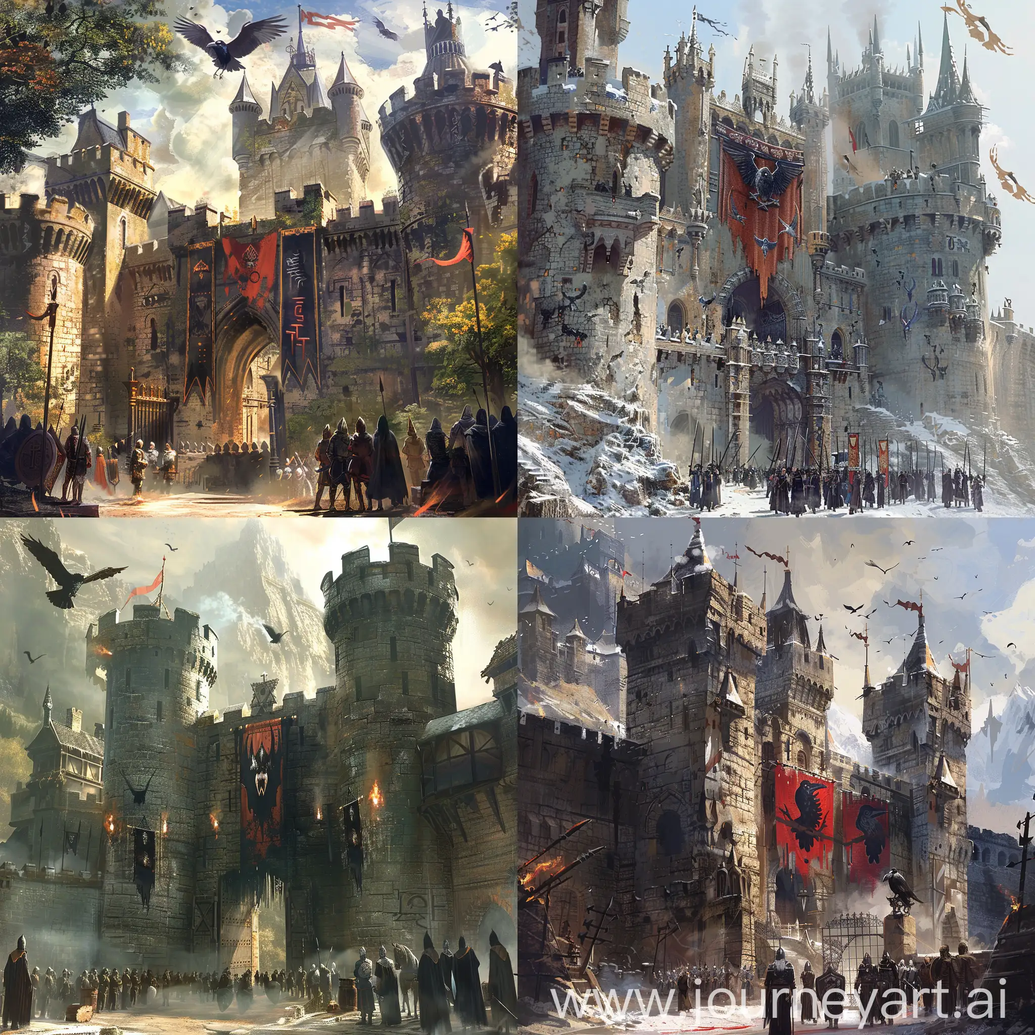 a fantasy theme,guild castle with raven banner,in front of the castle gate there are people waiting for something