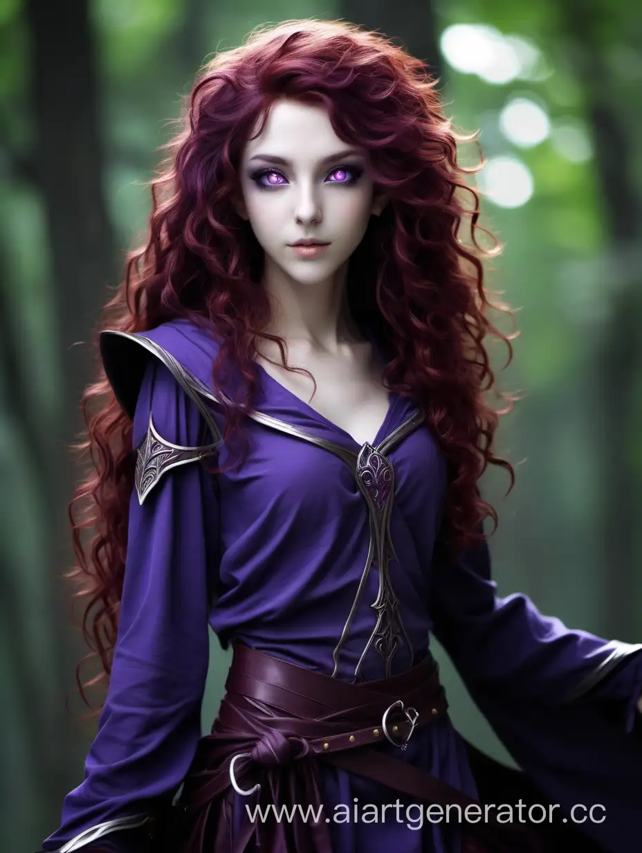 dark elf girl, long red curly hair, purple eyes, beautiful, in simple clothes more natural