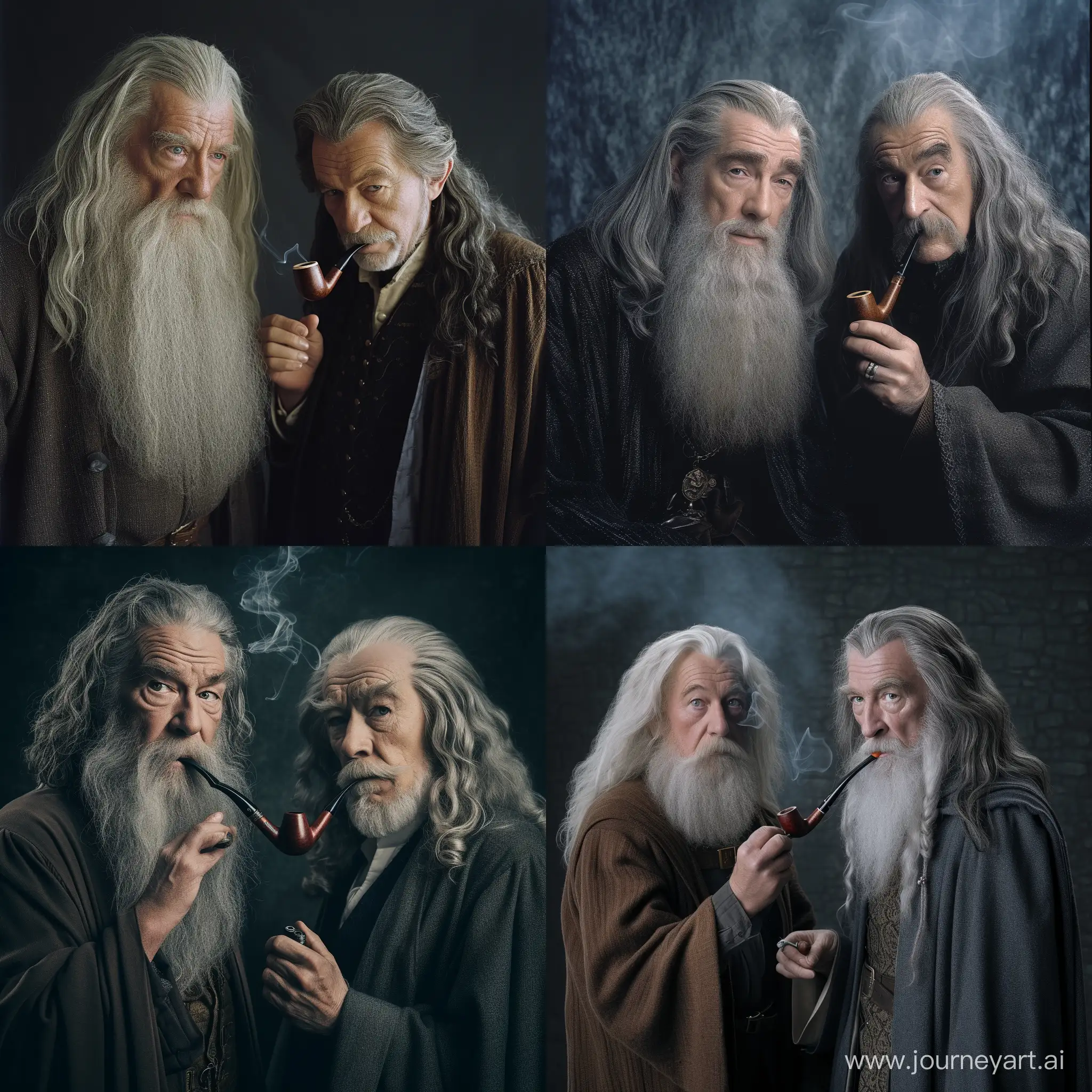 profesional photo of gandalf the gray with dumbeldore, smoking a pipe