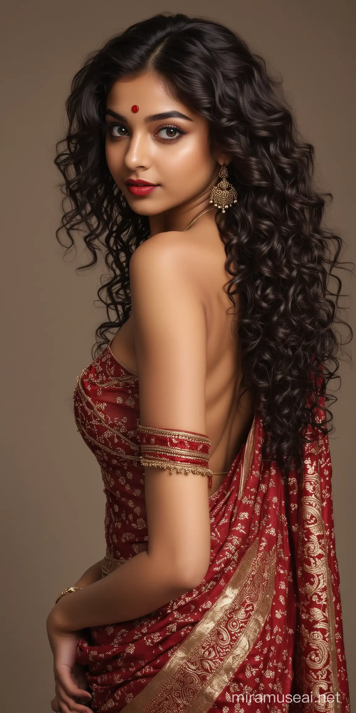 full body photo of most beautiful european girl as 16 year old beautiful indian girl, tuned away,  backless, big wide black eyes with eye makeup, thick long curly hair , wide big eyes, brows raised, turned away, perfect symmetric face and eyes, glossy dark red lipsticks, cut saree,   low cut back, intricate details, photo realistic, 4k.