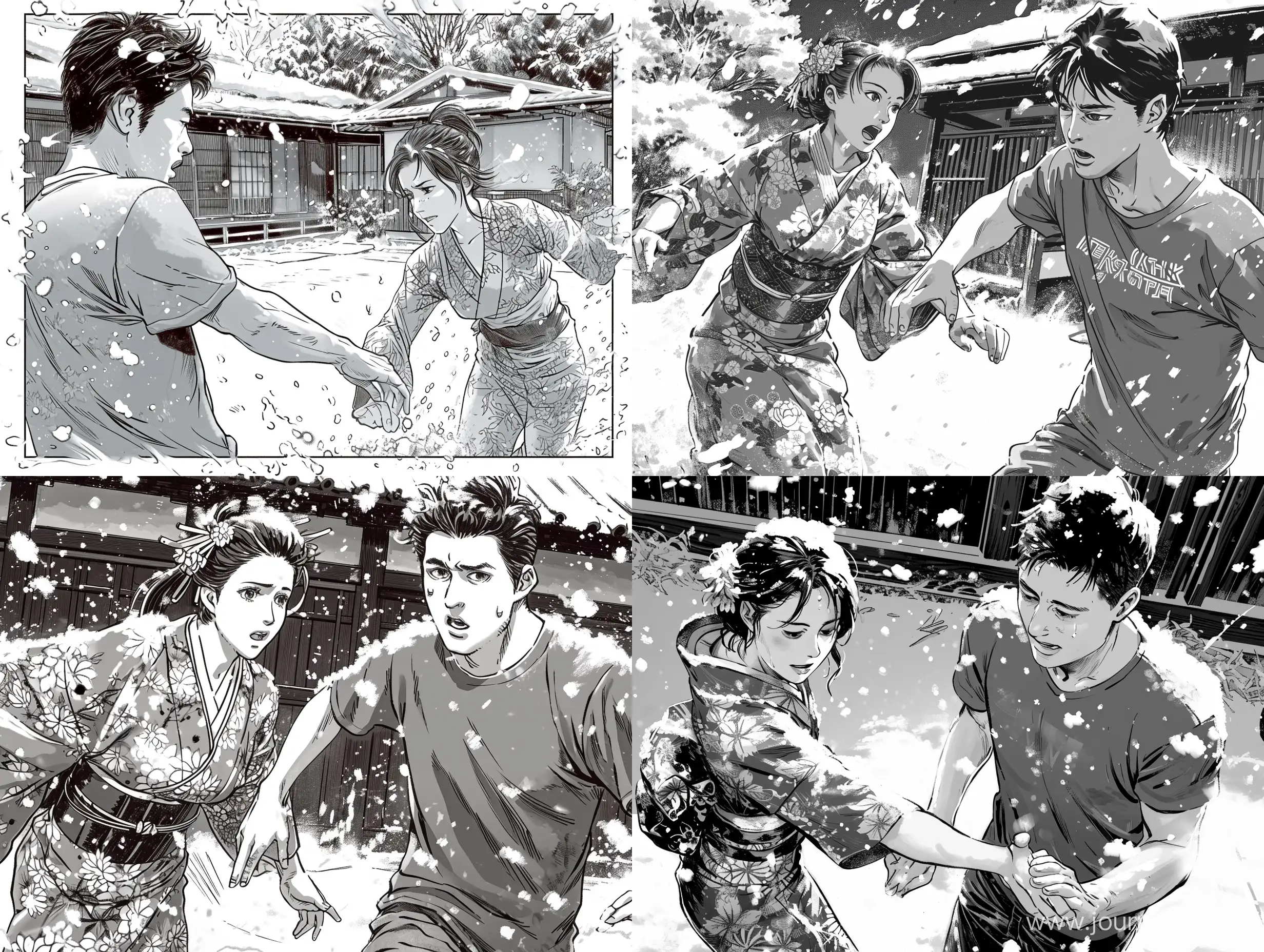 Kind-Gesture-in-Snowy-Weather-Man-in-TShirt-Saves-Woman-in-Kimono-from-Falling