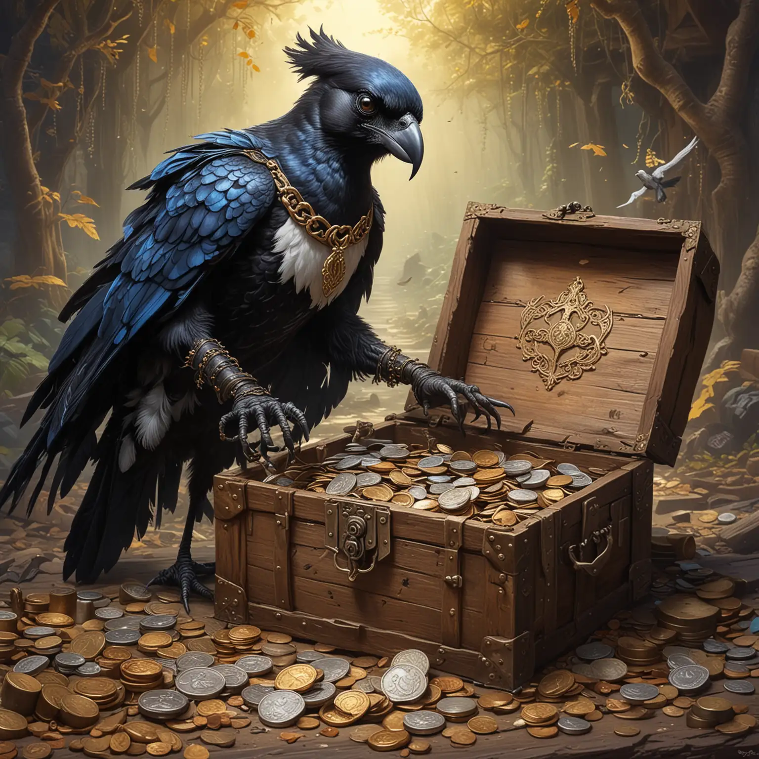 humanoid magpie, thief,  opening treasure chest, treasure trove full of coins, fantasy painting