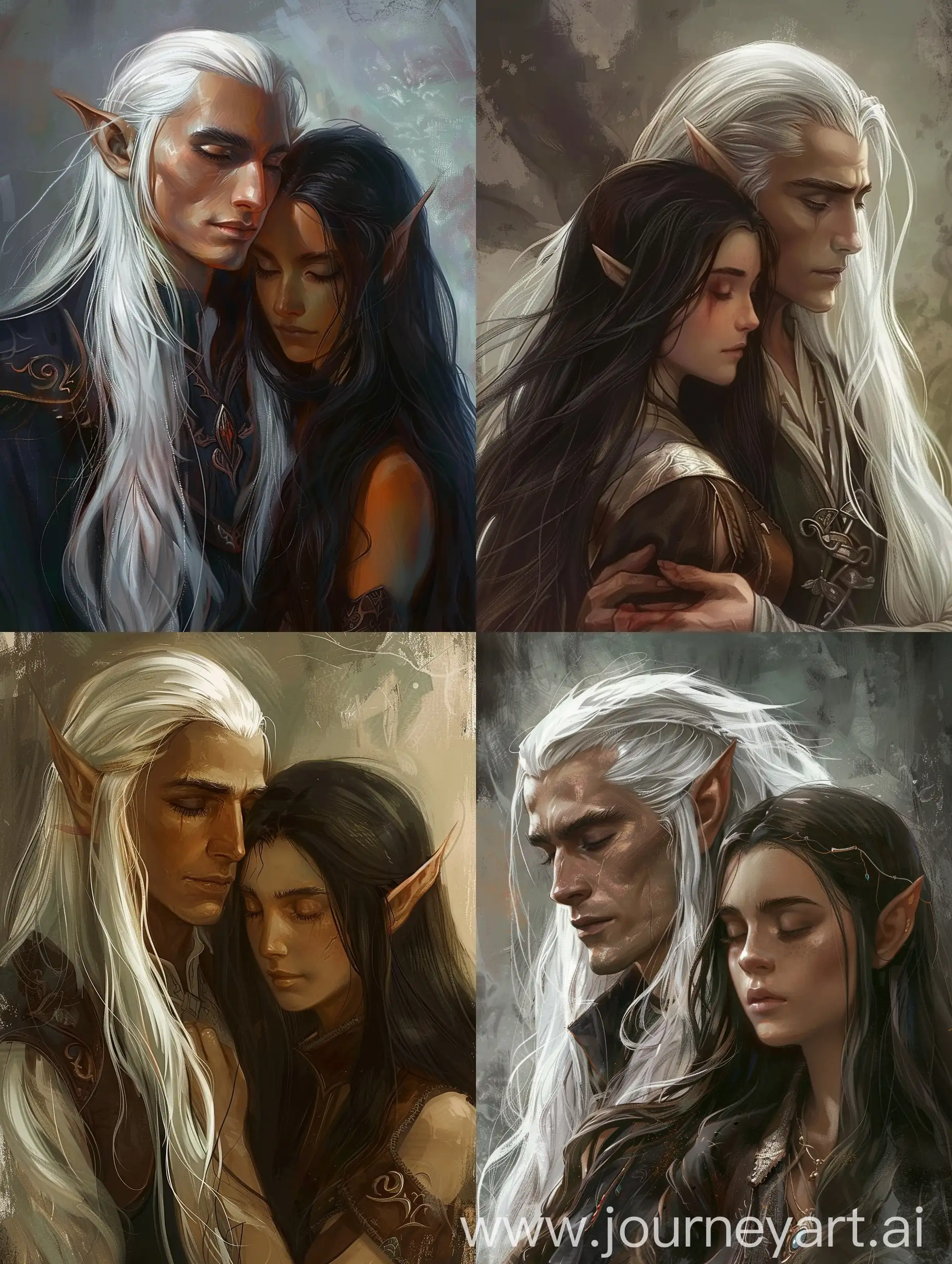 Fantasy, мужчина тёмный эльф с белыми длинными волосами и девушка шатенка, избранная для тёмного эльфа 