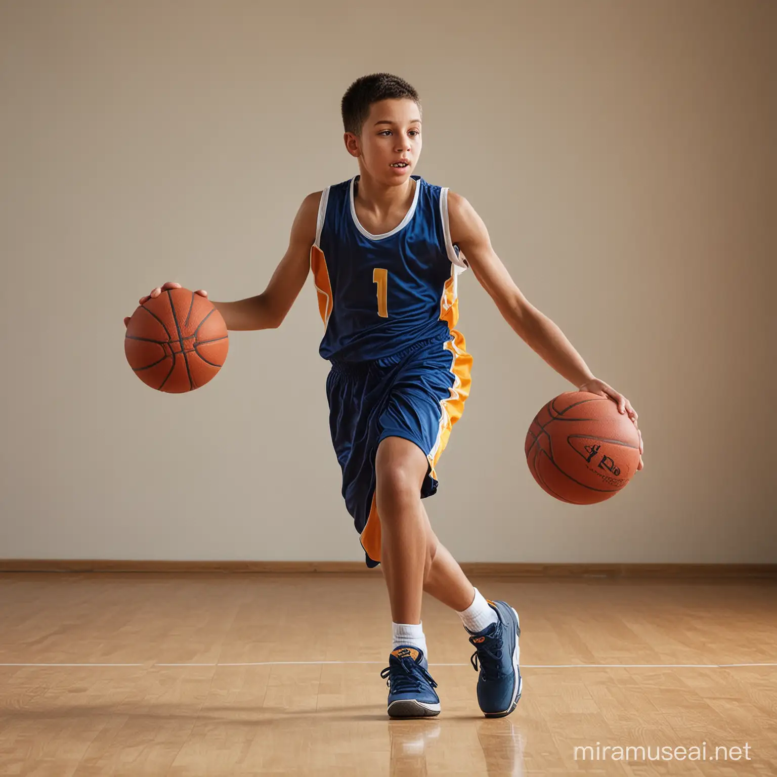 Energetic 11YearOld Boy Basketball Player in Action