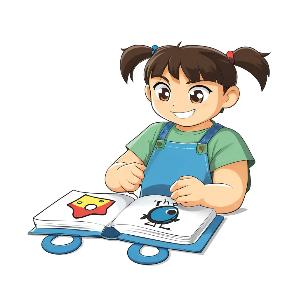 Toddler Engaged with Soft Book on Table in Anime Style