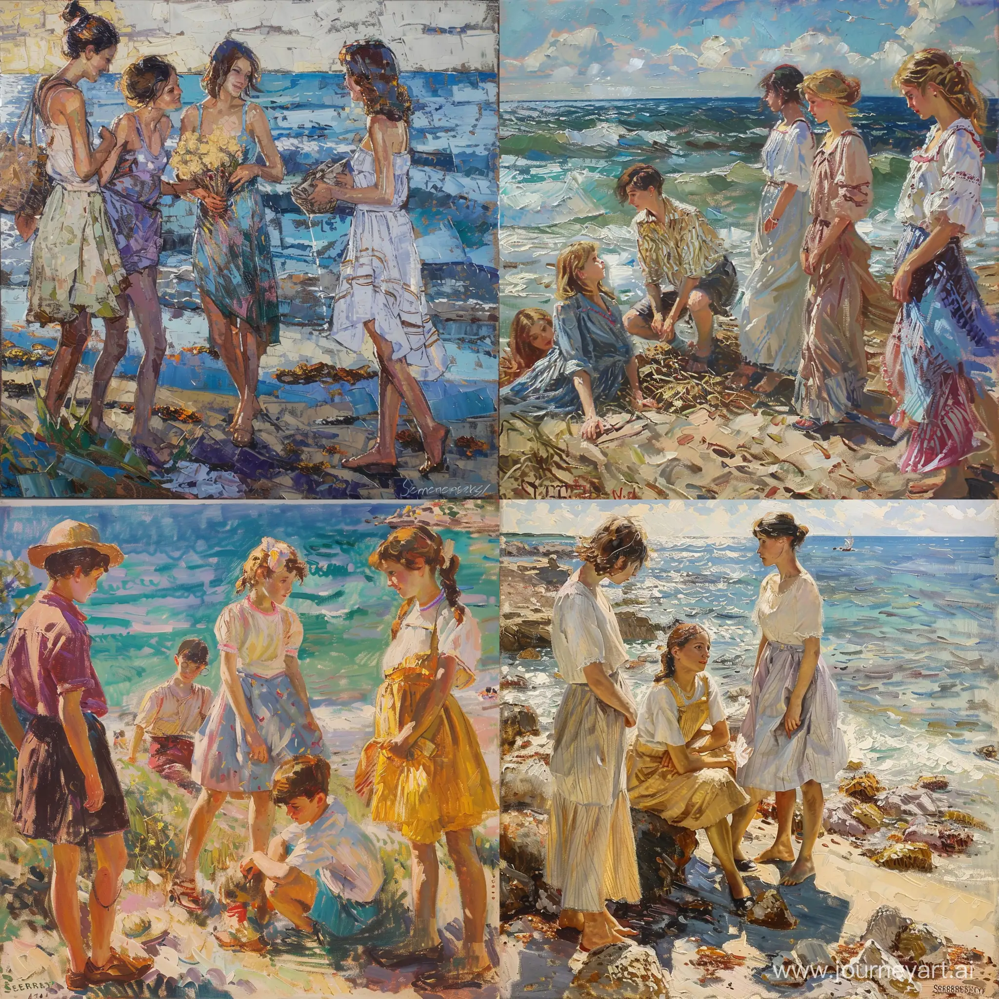 картина ,девушки,парни  на фоне моря,в стиле  художника семерадского