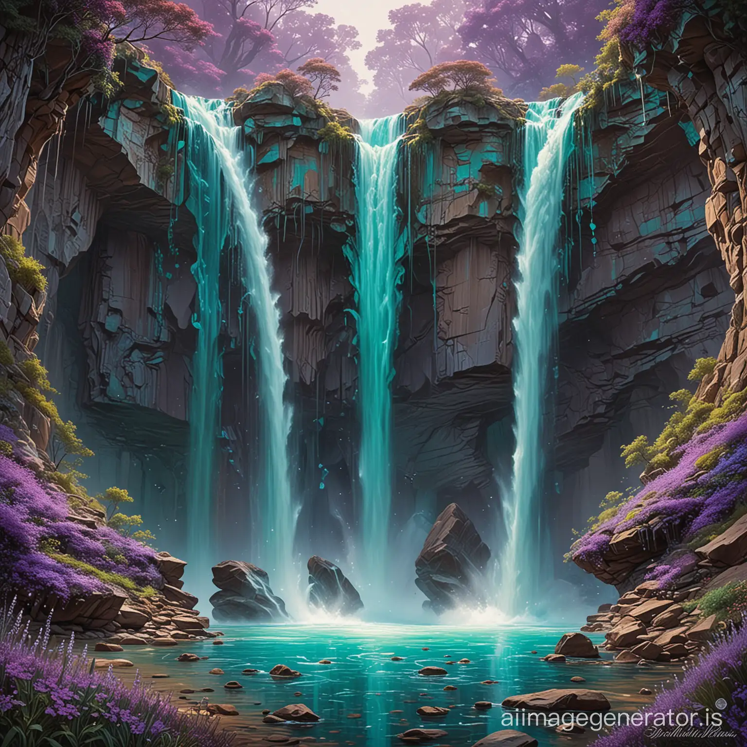 Three mesmerizing upside-down waterfalls cascade gracefully in a surreal alien realm. The water flows upward, defying gravity in a stunning display of otherworldly beauty. This detailed painting captures the vivid hues of emerald and turquoise water against a backdrop of shimmering violet rocks. Each waterfall is intricately depicted, with intricate patterns and textures that draw the viewer in. The overall effect is a masterpiece that seamlessly combines fantasy and reality in a way that is truly awe-inspiring.