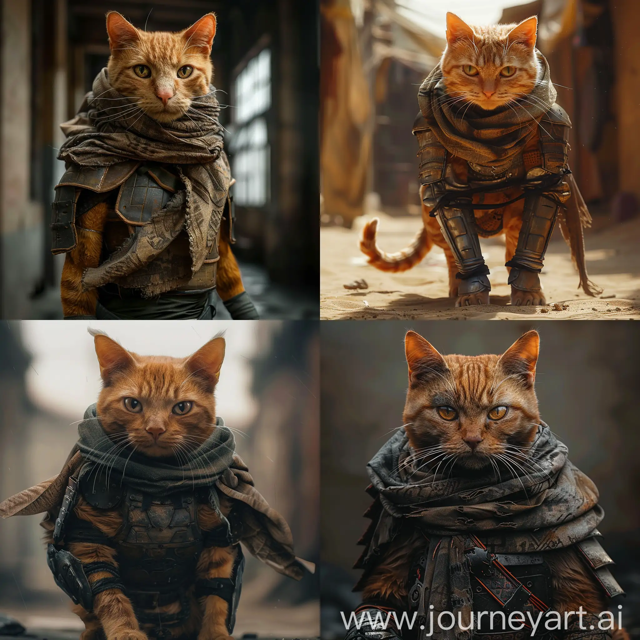 Orange cat as a ninja sneaking, wear scarf, armor, cinematic, hyper details, hyper realistic, super realistic, moody --v 6
