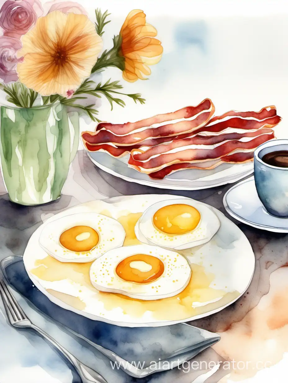 На столе стоит тарелка с яичницей и беконом. Рядом чашка кофе с корицей. Цветы в ваще. Стиль акварель 