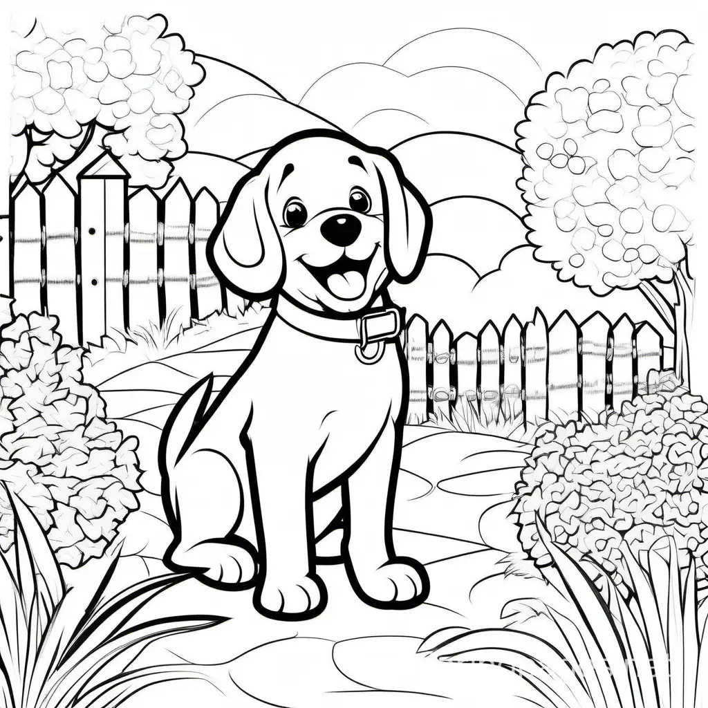 a happy puppy playing in a yard with a little girl, Coloring Page, black and white, line art, white background, Simplicity, Ample White Space. The background of the coloring page is plain white to make it easy for young children to color within the lines. The outlines of all the subjects are easy to distinguish, making it simple for kids to color without too much difficulty, Coloring Page, black and white, line art, white background, Simplicity, Ample White Space. The background of the coloring page is plain white to make it easy for young children to color within the lines. The outlines of all the subjects are easy to distinguish, making it simple for kids to color without too much difficulty