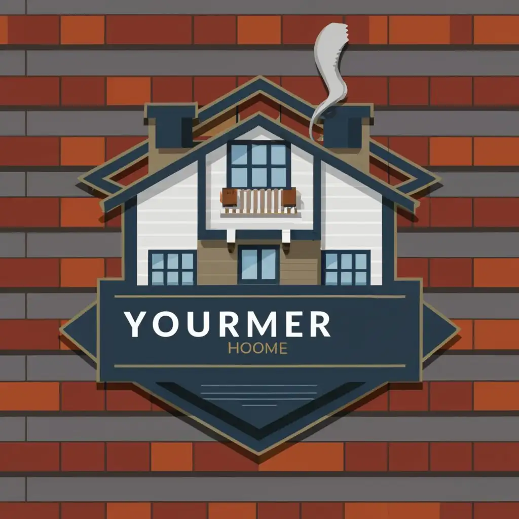 Simple, with shield pattern, bauhaus font, residential home with chimney and windows, but more distinctive with construction worker figures, a hand saw, a claw hammer and other hand tools integrated into the design.