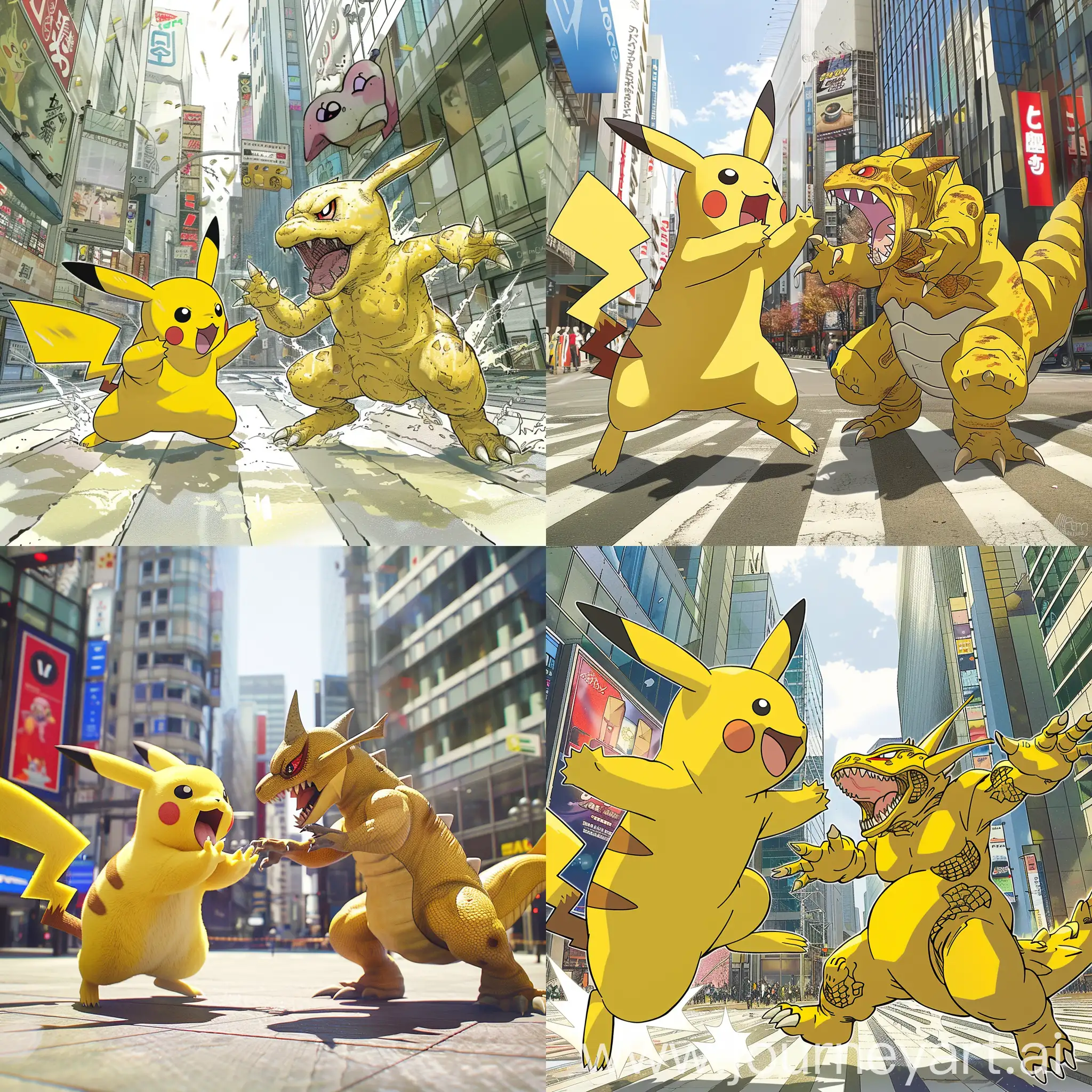 yellow Pikachu is fighting against digimon's yellow Agumon, they are both in Ginza Sqaure of Tokyo,