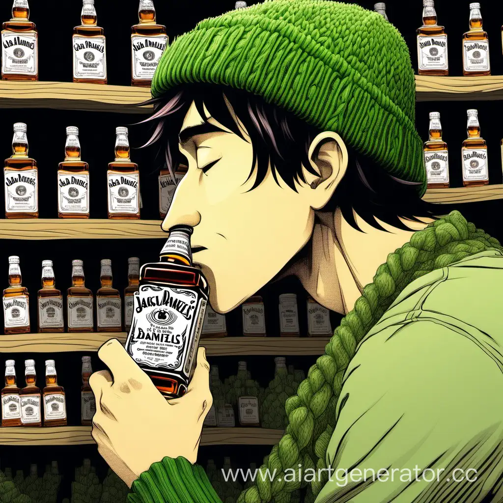 a thin young white guy with small sleepy eyes, a long drooping nose in a green knitted hat, kisses a bottle of Jack Daniels, Miyazaki style