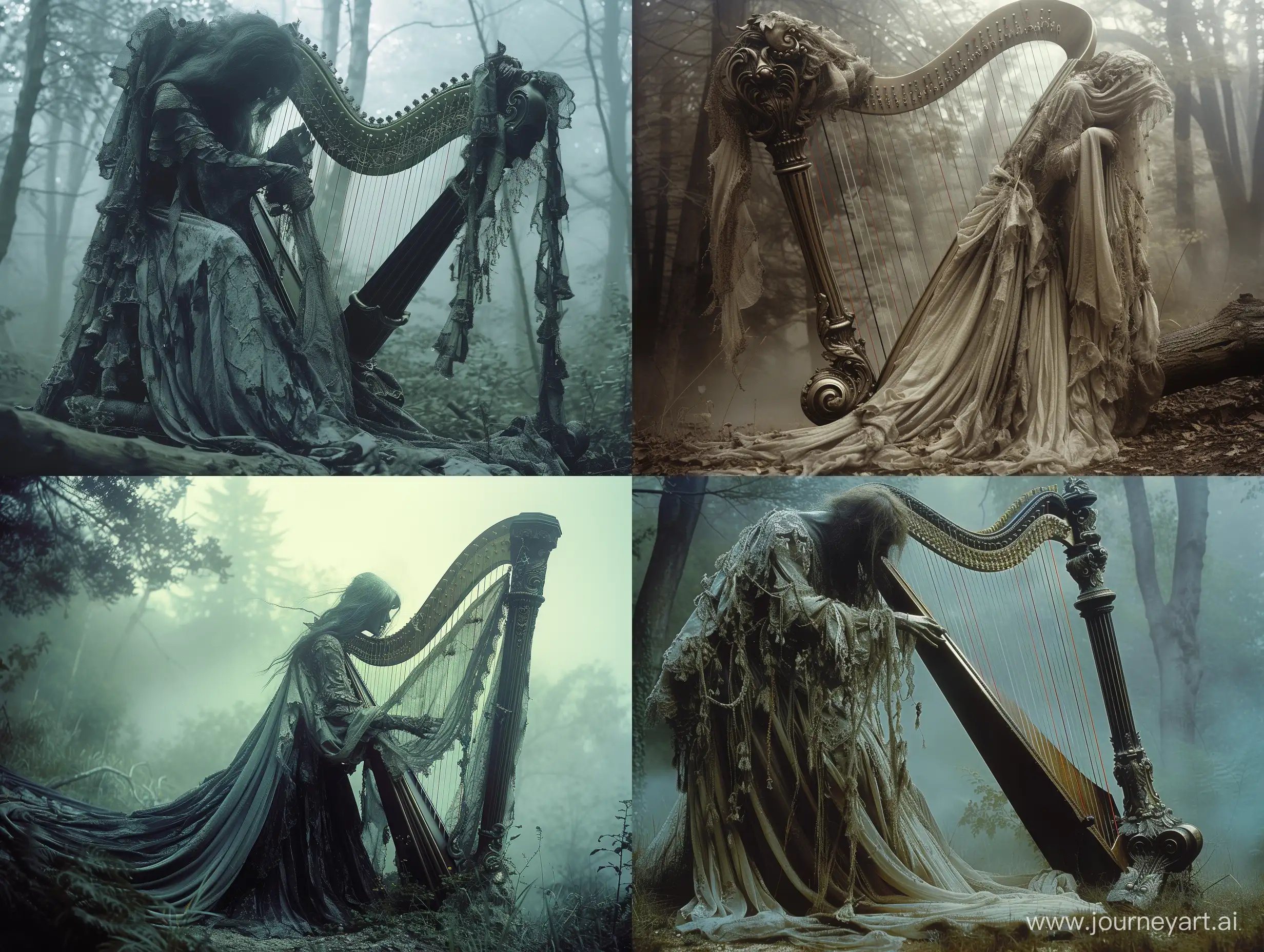 Ephemeral, ghostly apparitions of a beautiful spectral woman, dressed in flowing, tattered garments playing a large ornately detailed harp in a creepy misty forest, attention to detail, taken on provia.