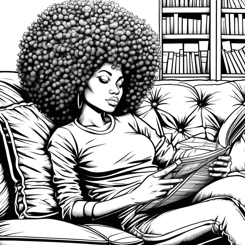 Relaxing Coloring Page Afrohaired Woman Reading on Couch