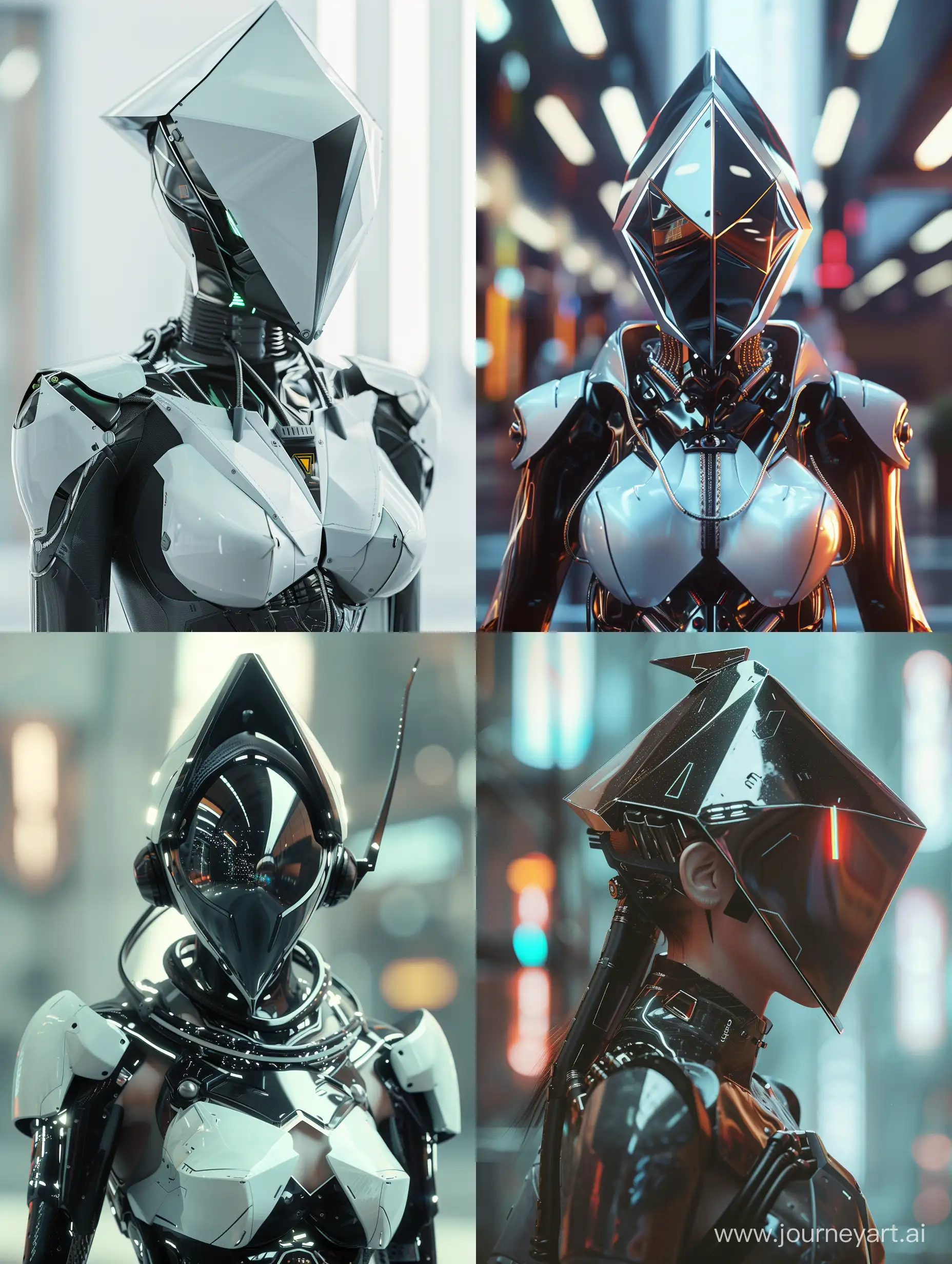 a dynamic cinematic high quality and  high resolution  shot  of a triangular head shaped rockstar female biroid with sleek and futuristic armor that combines elements of cyberware lime 