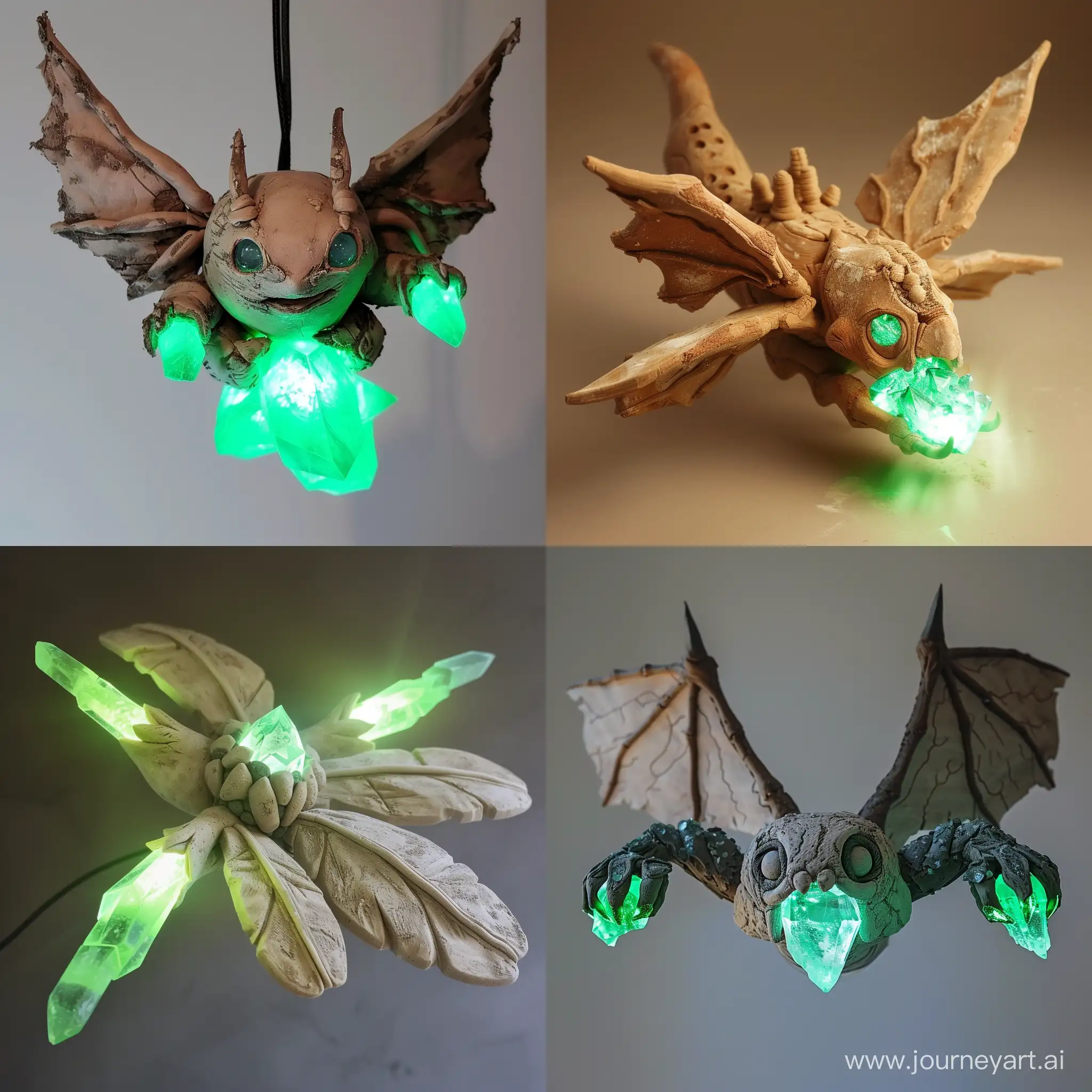 глиняное жуткое летающее существо, источающее зеленое кристальное свечение
