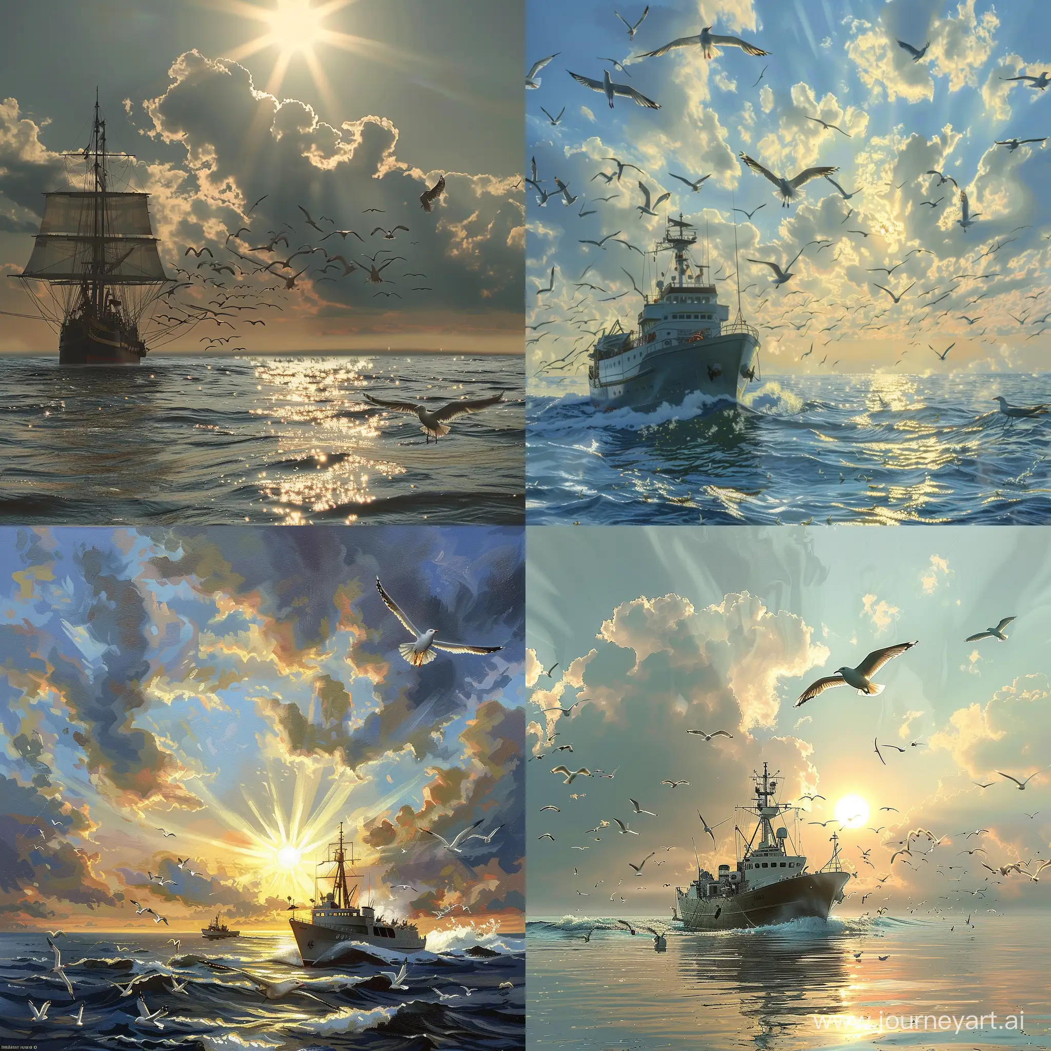 Tranquil-Morning-at-Sea-Frigate-Sailing-under-Sunlit-Sky-with-Seagulls