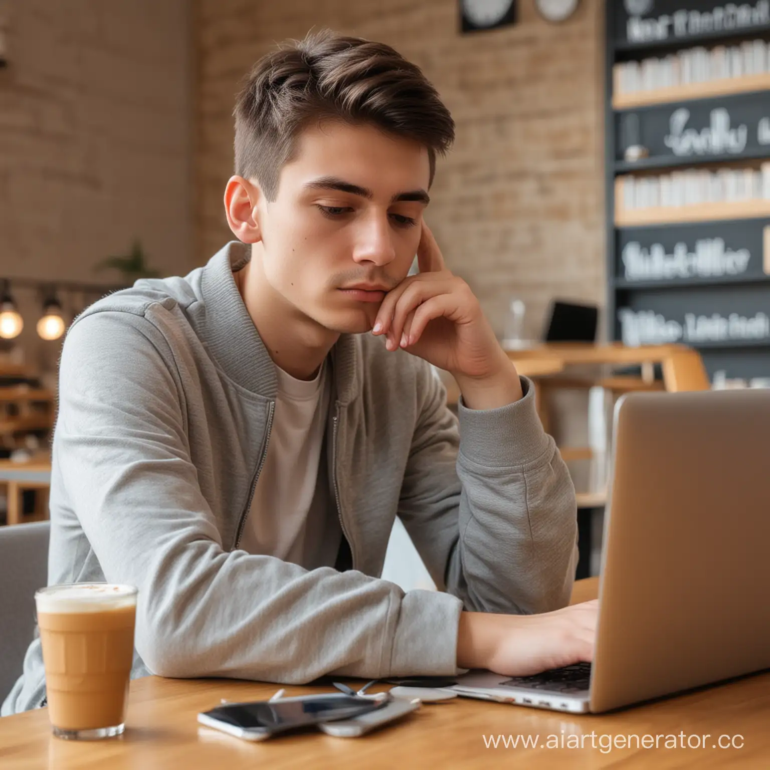Студент, который устал и  сидит в кафе, пьет кофе и печатает на ноутбуке различные программы для приложений
