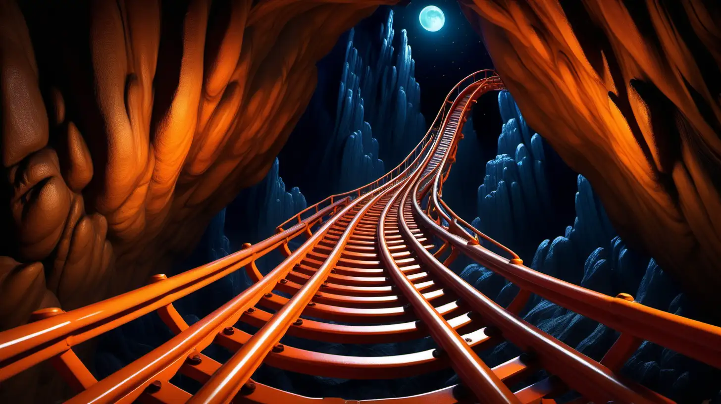 Vibrant Orange Roller Coaster Tracks Entering Enigmatic Cave in the Night Pixar Style Adventure