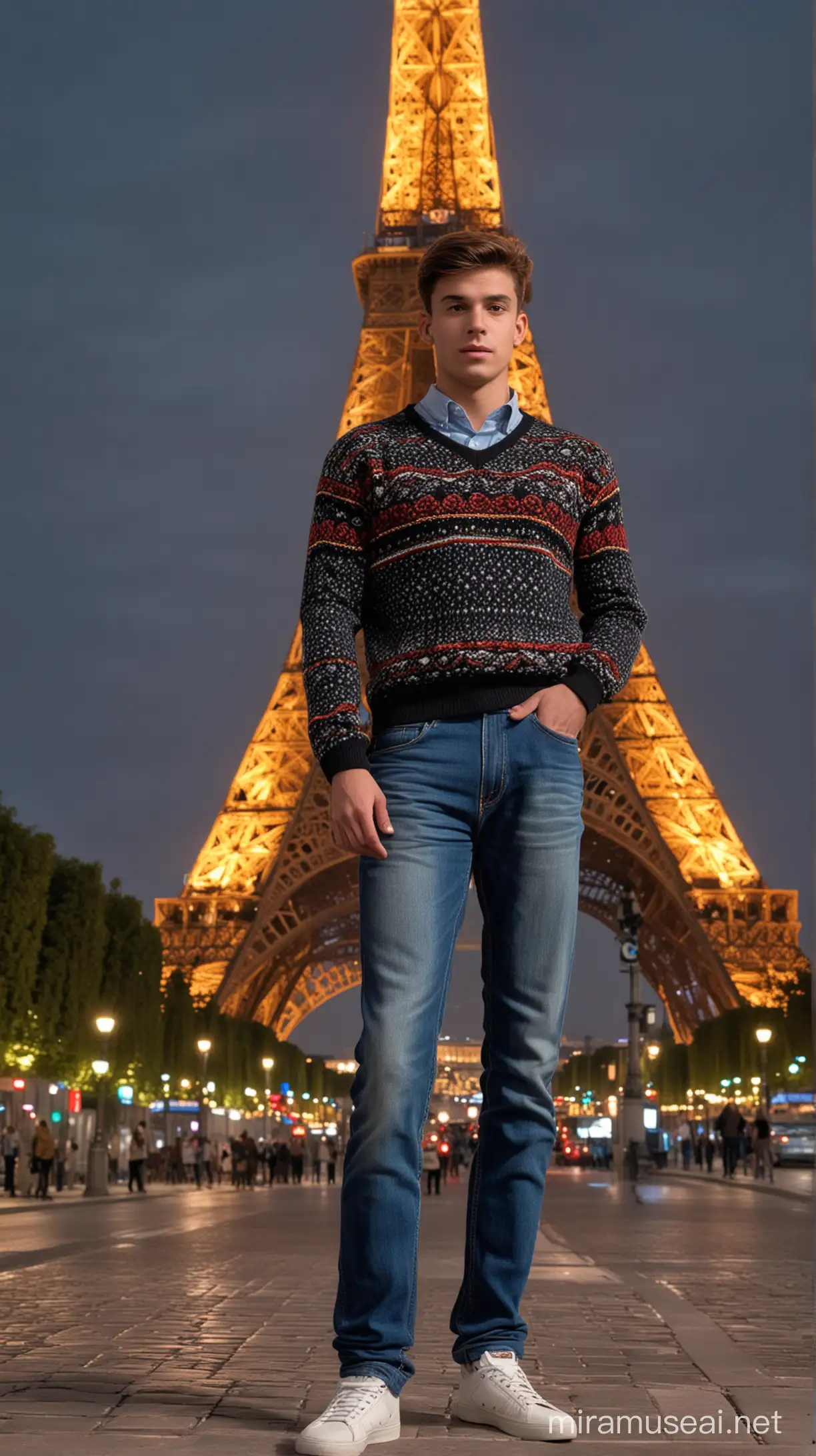 Handsome 18YearOld Man in Sweater and Jeans Poses Under Eiffel Tower at Dusk