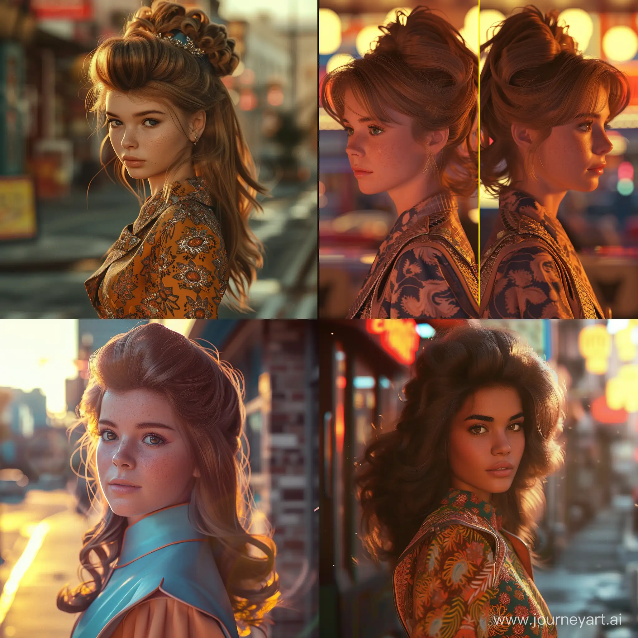  Generate a realistic image of a girl from the 1970s with a modern hairstyle. The setting is a vibrant, urban environment with a mix of retro and contemporary elements. The girl is wearing a stylish outfit that combines 1970s fashion with a modern twist. The lighting is warm, reminiscent of the golden hour.