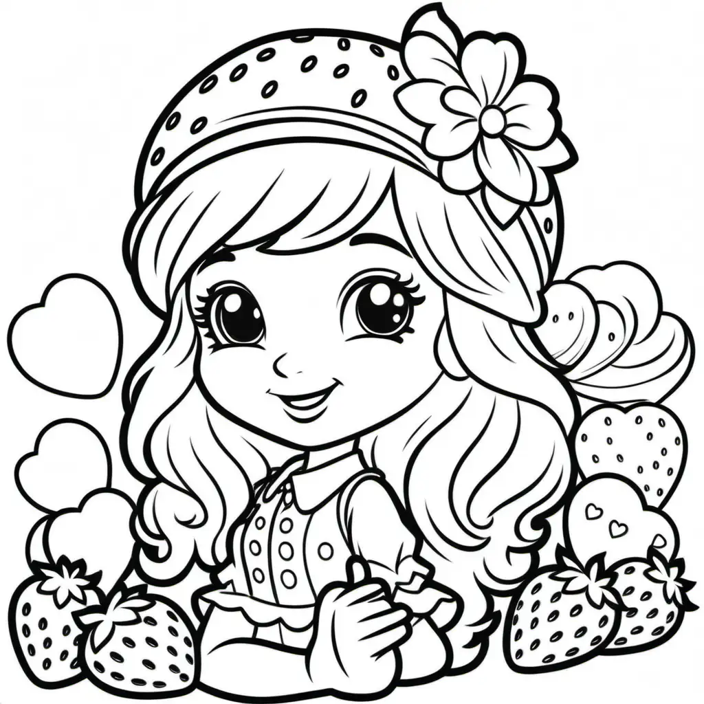 strawberry shortcake
coloring page, valentine theme, cartoon style, very white background, no shades