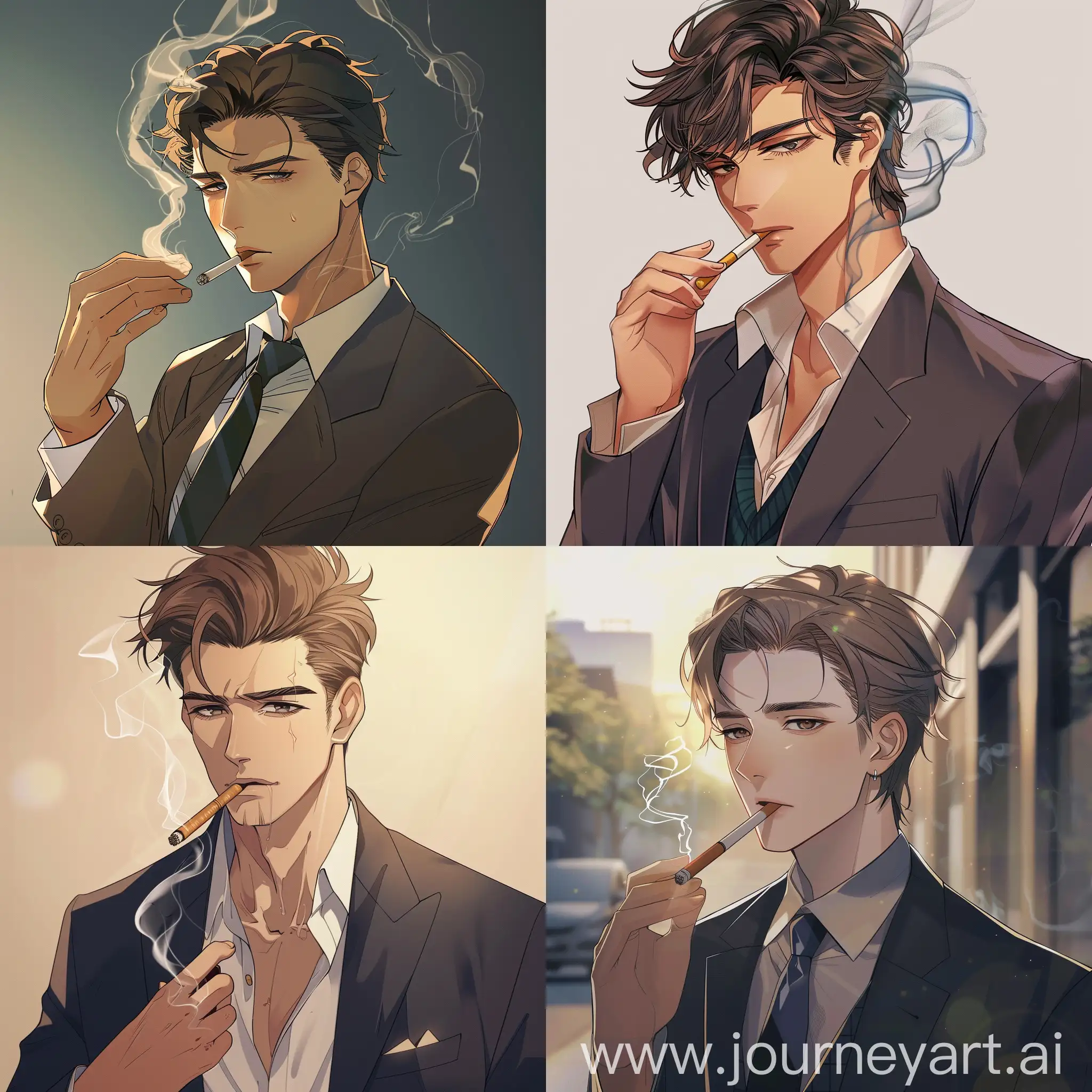 A hot guy who looks like in his 40s wearing a suit while smoking in anime style
