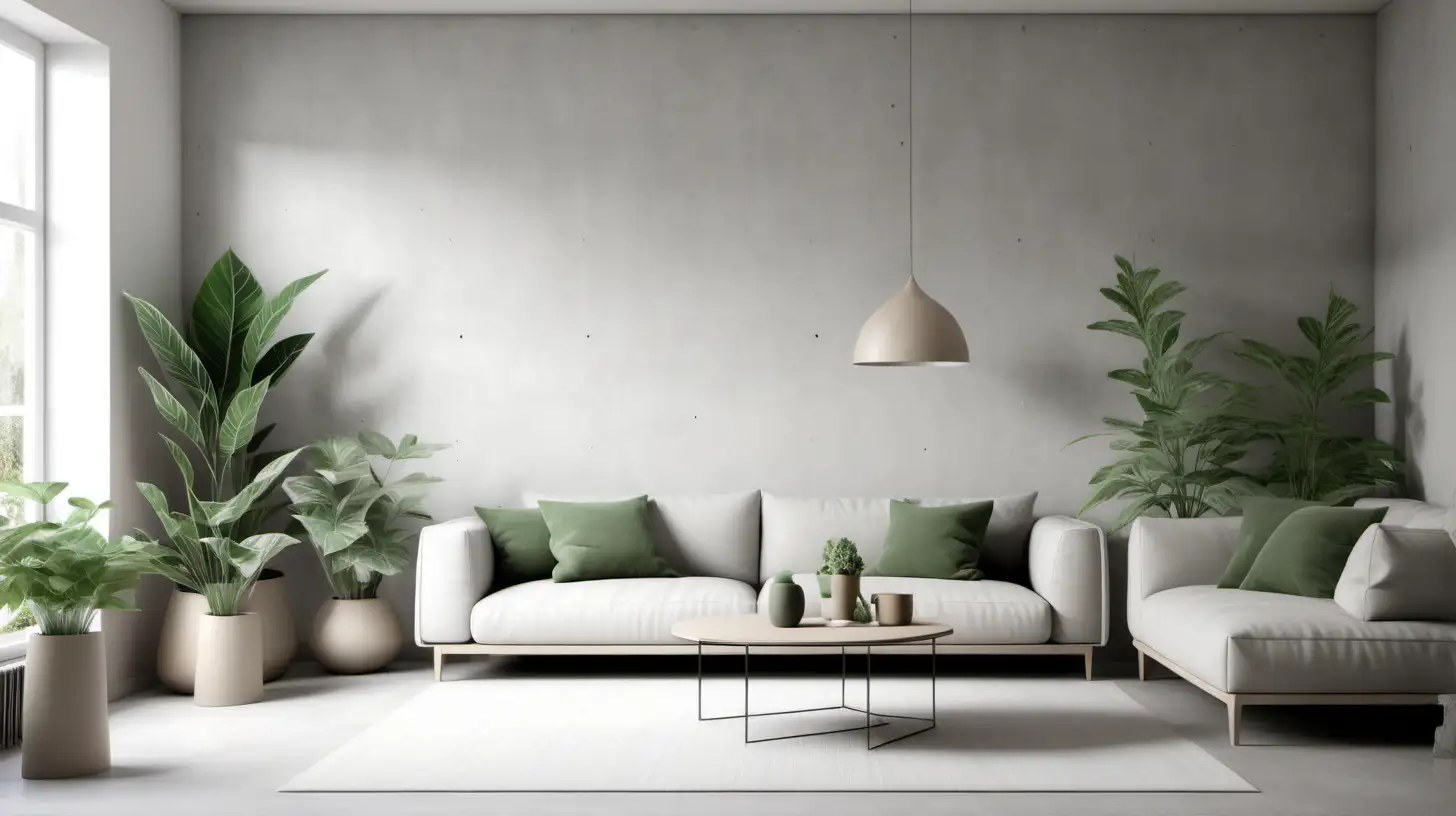 microcement in matte finish scandinavian bright living room. grey-beige color with a few green plants