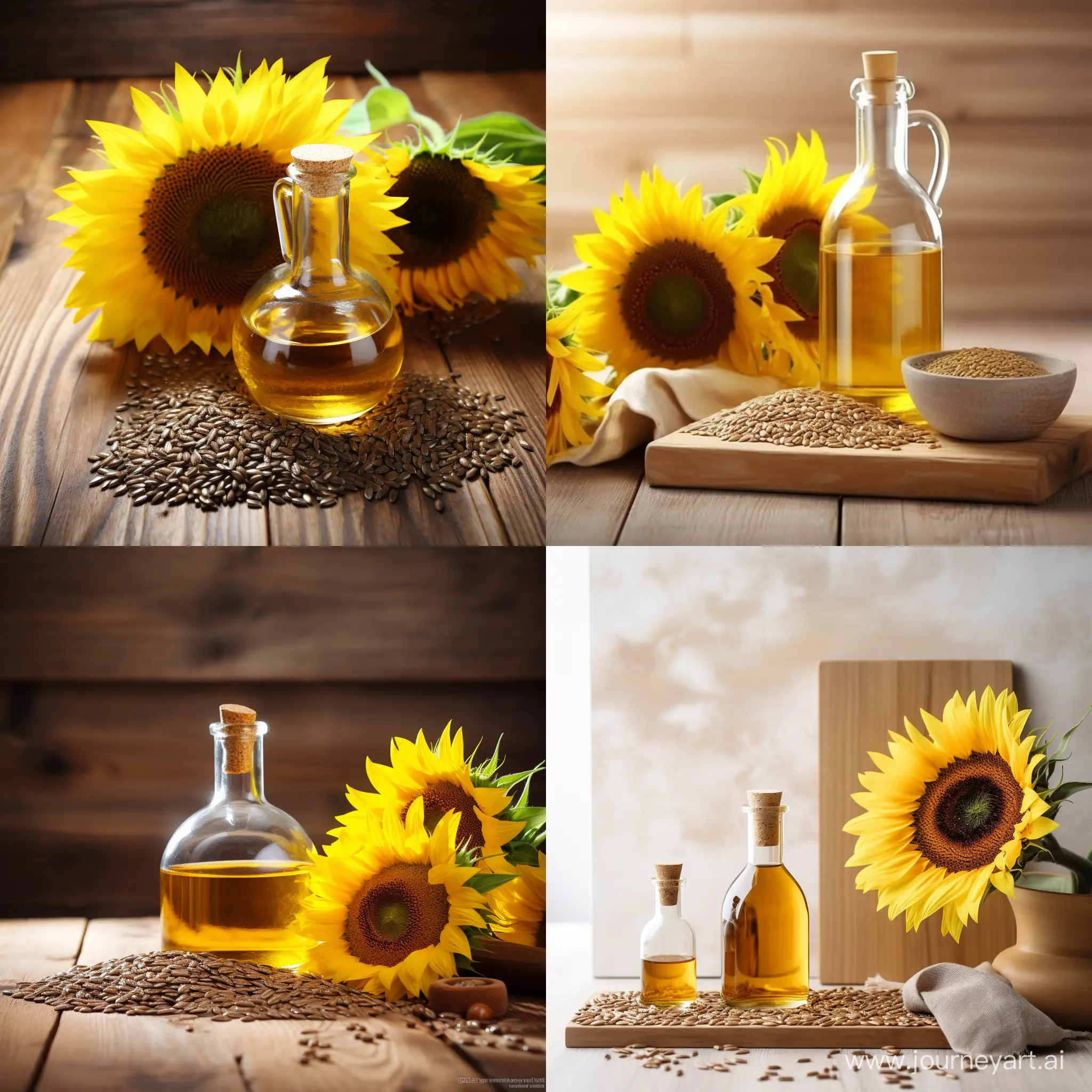 create a visually captivating and high-quality product image for a variety of oil seeds, including sunflower, sesame, castor, and flax seeds against a rustic wooden table backdrop to suggest natural and organic quality. Integrate a soft, warm light to accentuate the golden tones of the seeds and give a sense of morning sunlight, evoking freshness. Add a clear glass oil bottle filled with golden oil, subtly reflecting the pile of seeds it corresponds to, placed beside each pile. Ensure the seeds are in focus with a slightly blurred background to keep the attention on the product.