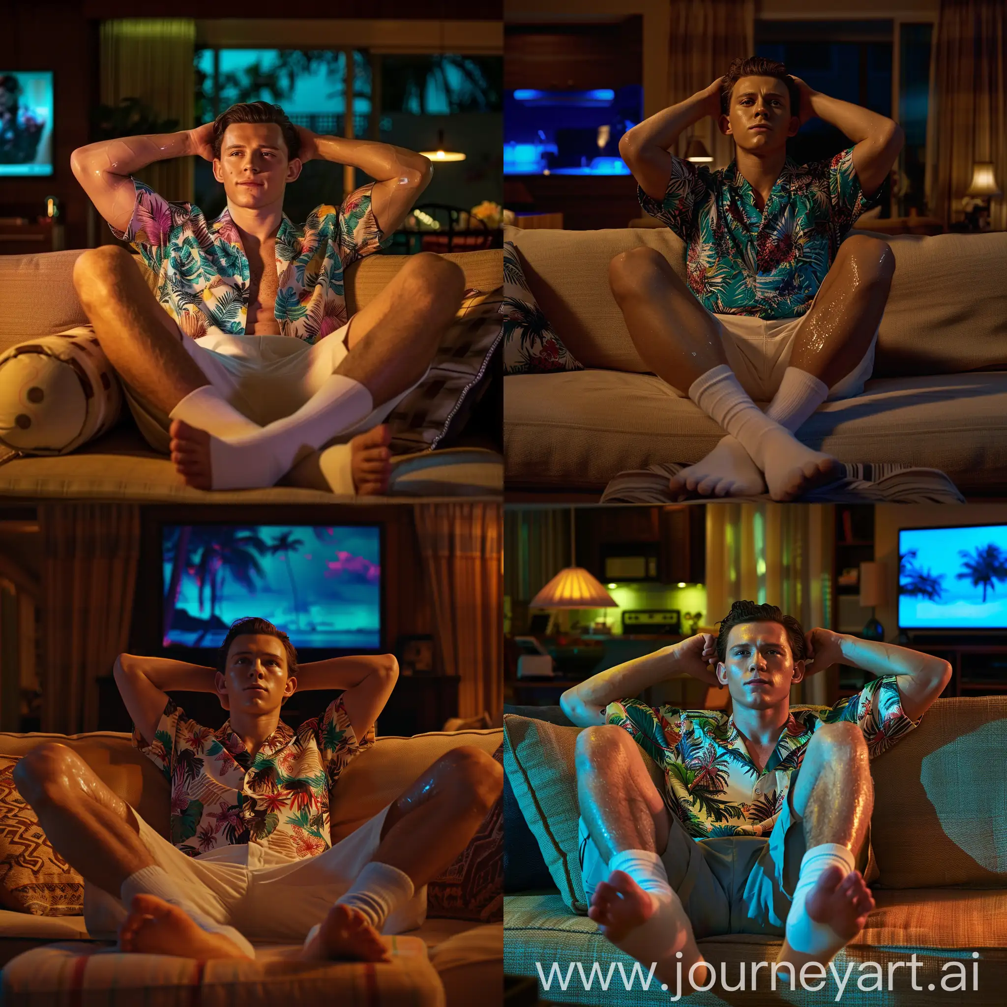Handsome-Tom-Holland-Relaxing-in-Hawaiian-Shirt-in-Rich-Living-Room-at-Night