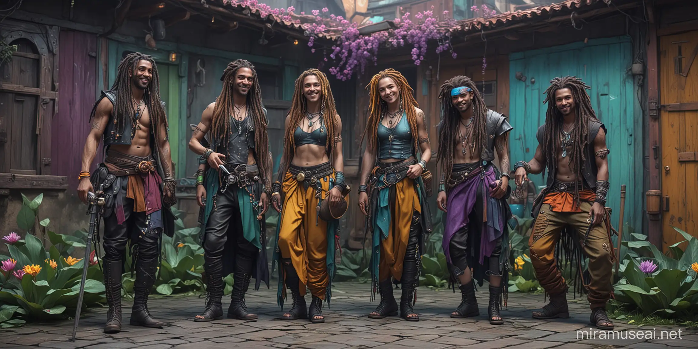 five females and males smiling cyber- punks in colored style, cyber-punks with long dreadlocks, crooked men who carry around a bag and cane, medival colored clothes, different activities and poses, they play musical instruments in different poses, purple, turquoise, yellow, green, decorated with lotus flowers and water lilies, music instruments like drum sets and guitars and saxophones are lying left and right on the floor, dark colored futuristic village houses on background, asymmetric background psychedelic in multiple colors wearing of heavily, background blurred, hyper-realistic, photo-realistic