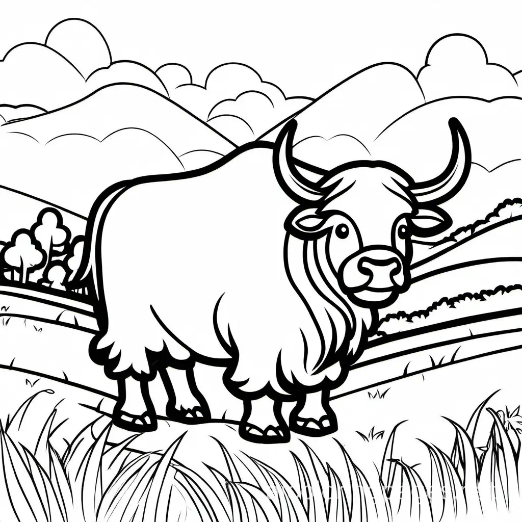 Cute yak in a grassy field outline no shadowing, Coloring Page, black and white, line art, white background, Simplicity, Ample White Space. The background of the coloring page is plain white to make it easy for young children to color within the lines. The outlines of all the subjects are easy to distinguish, making it simple for kids to color without too much difficulty