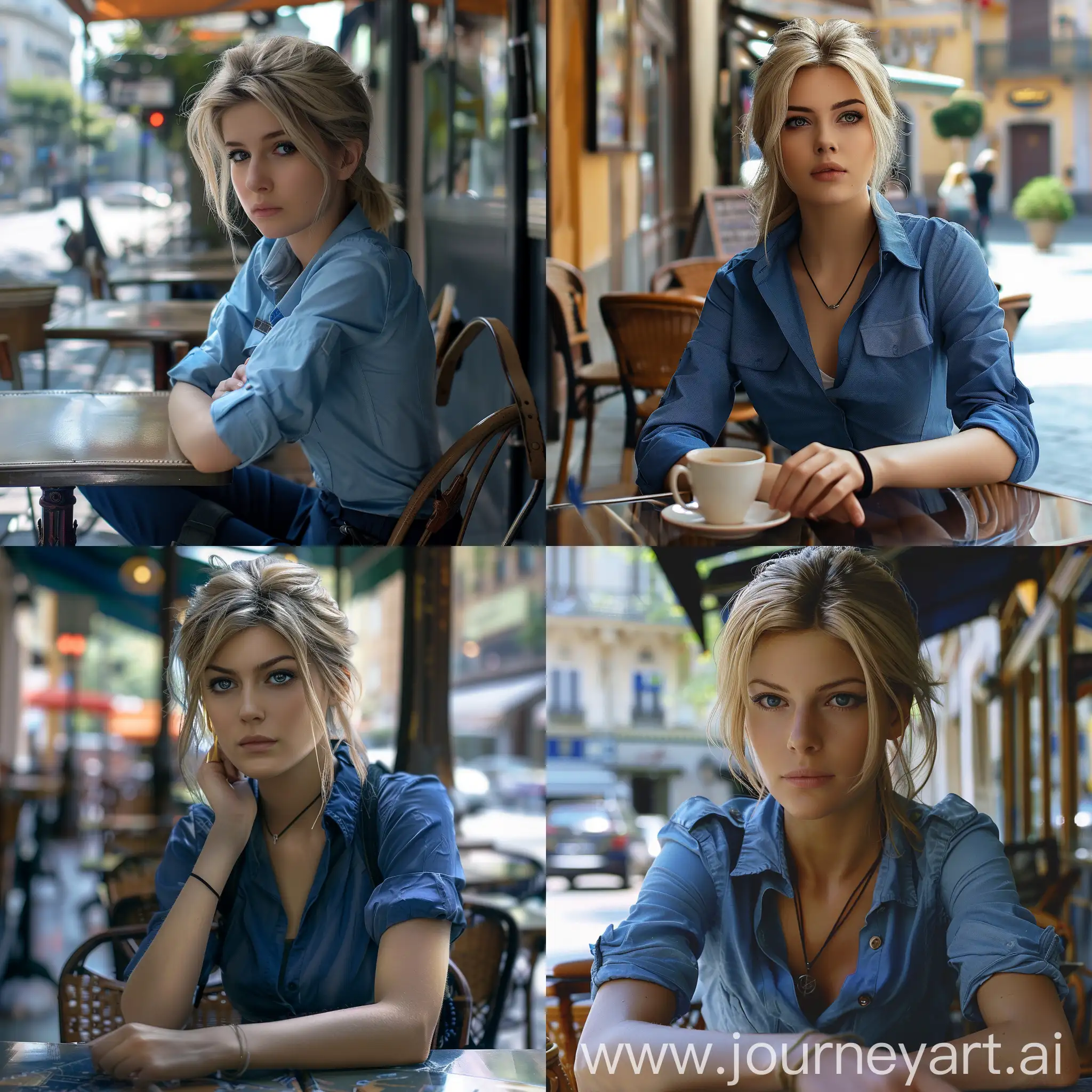 生化危机主角jill坐在街边的露天咖啡厅，优雅，知性美，穿着蓝色衬衫，金发