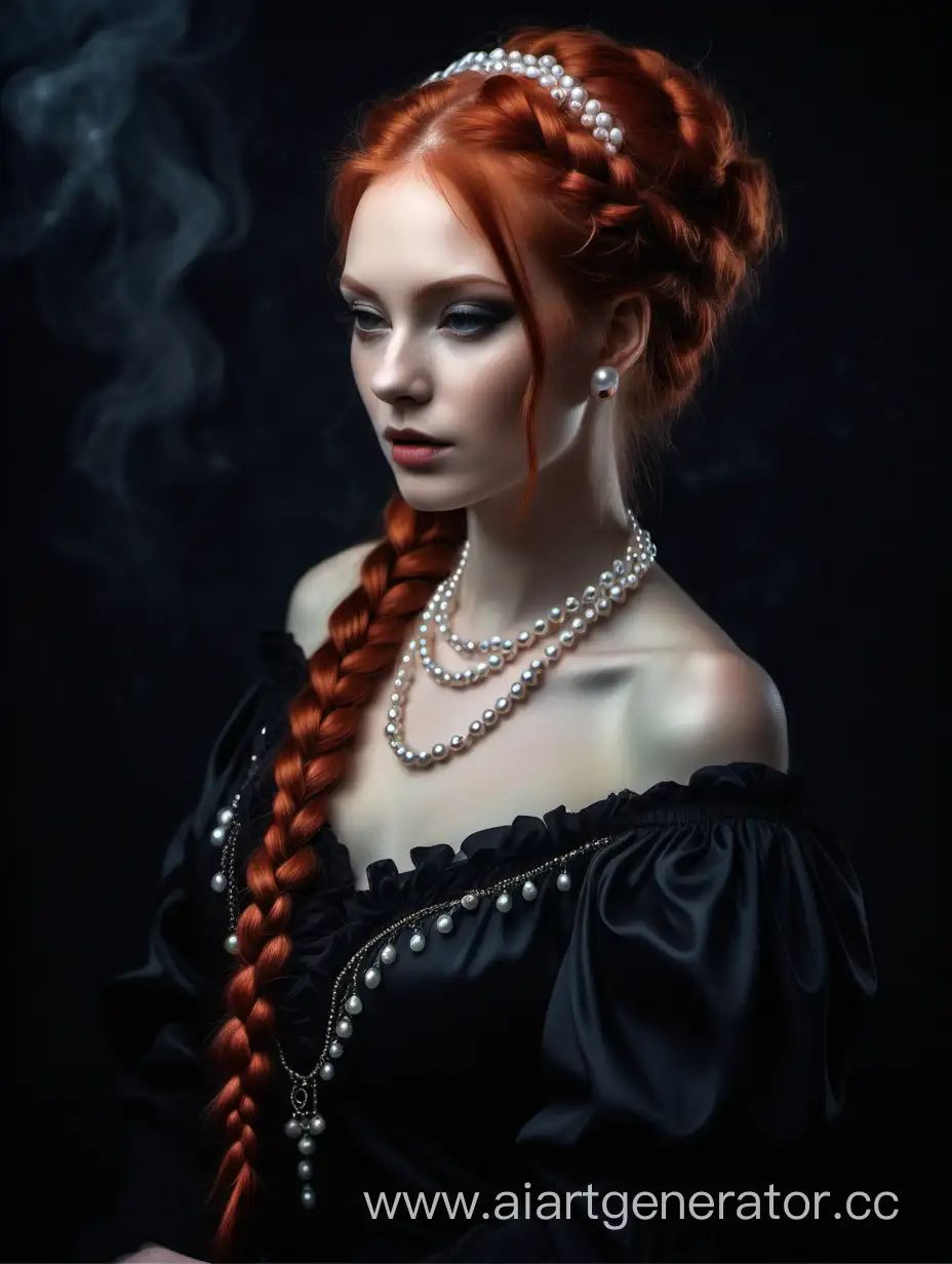 Красноволосая женщина, волосы собраны в косу, черные одежды, белый жемчуг, русская, тьма, магия воздуха, драгоценности