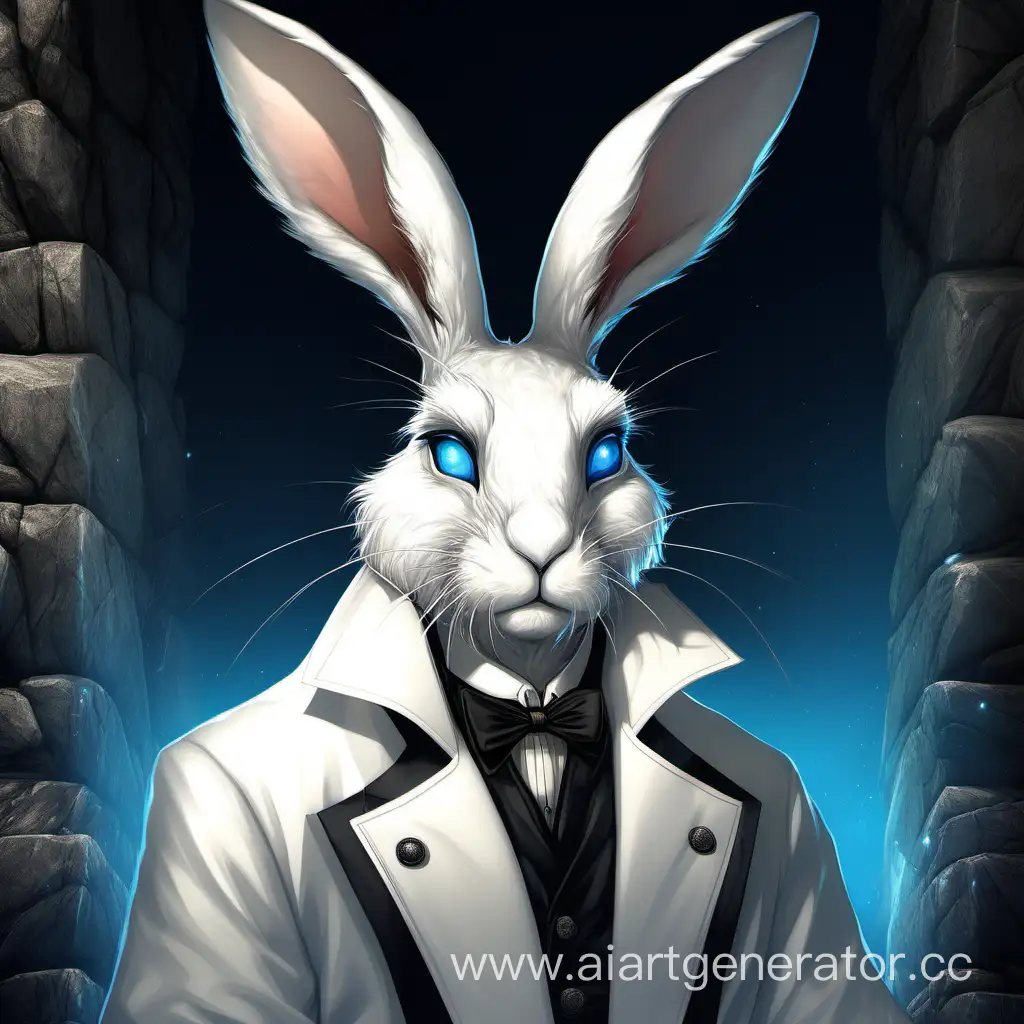 заяц, в белой одежде, состоит в анклаве, черная шерсть, голубые глаза, фэнтези, 