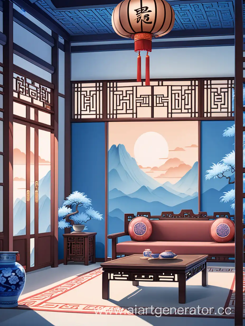 фон для иллюстрации, здание в китайском стиле, аниме, жилая комната, голубые цвета